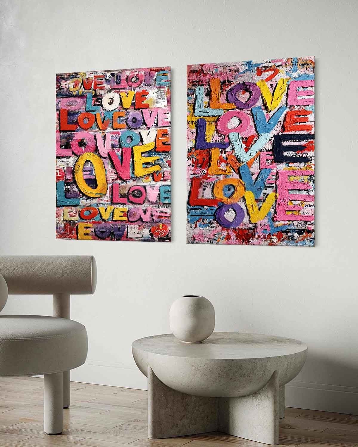 Graffiti Love Pop Art Diptych Impasto Painting