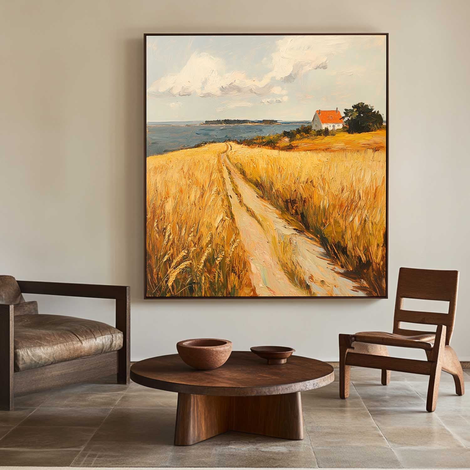 Golden Wheat Field Rural Landscape Painting