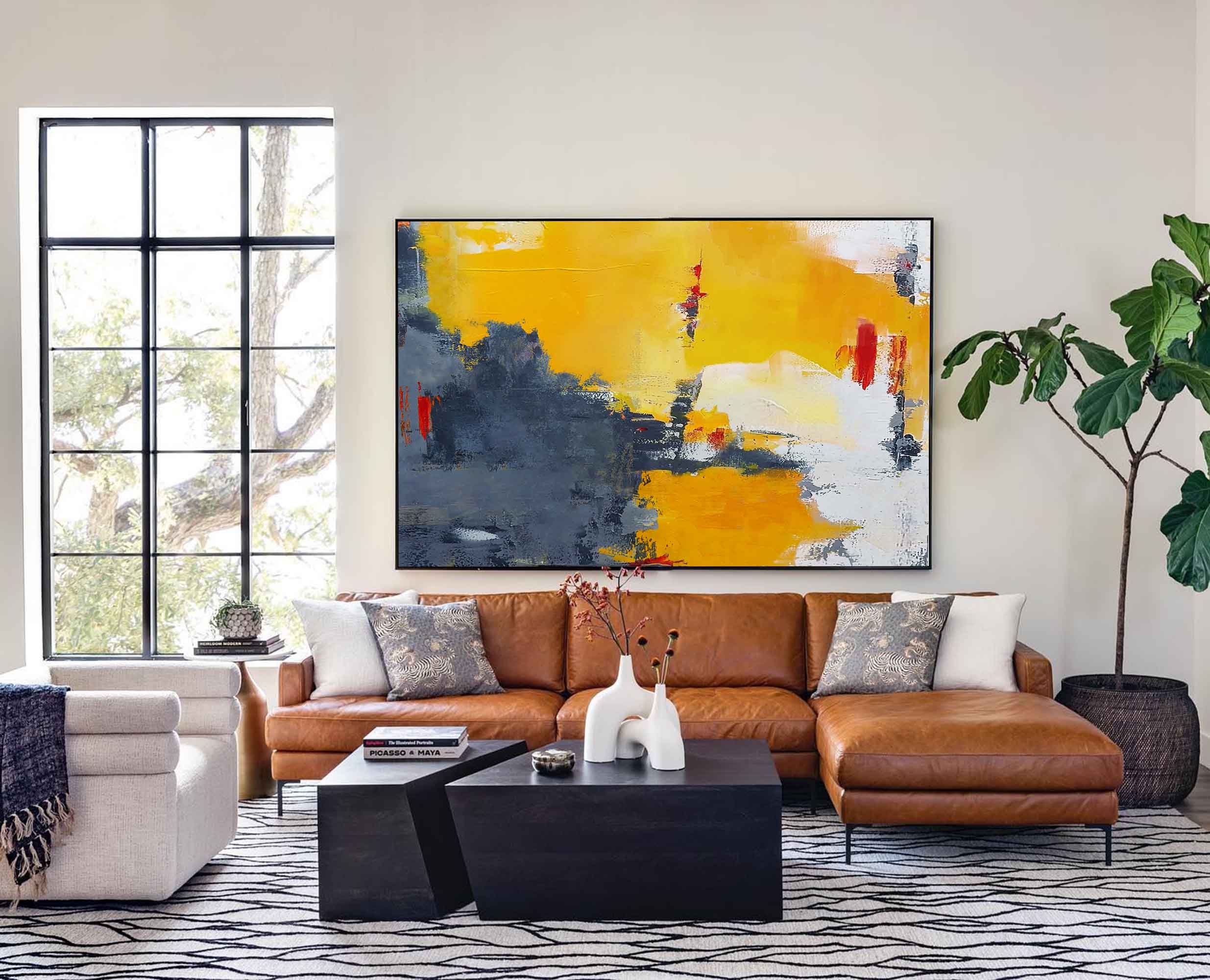 Striking Red Accent Modern Abstract Wall Art