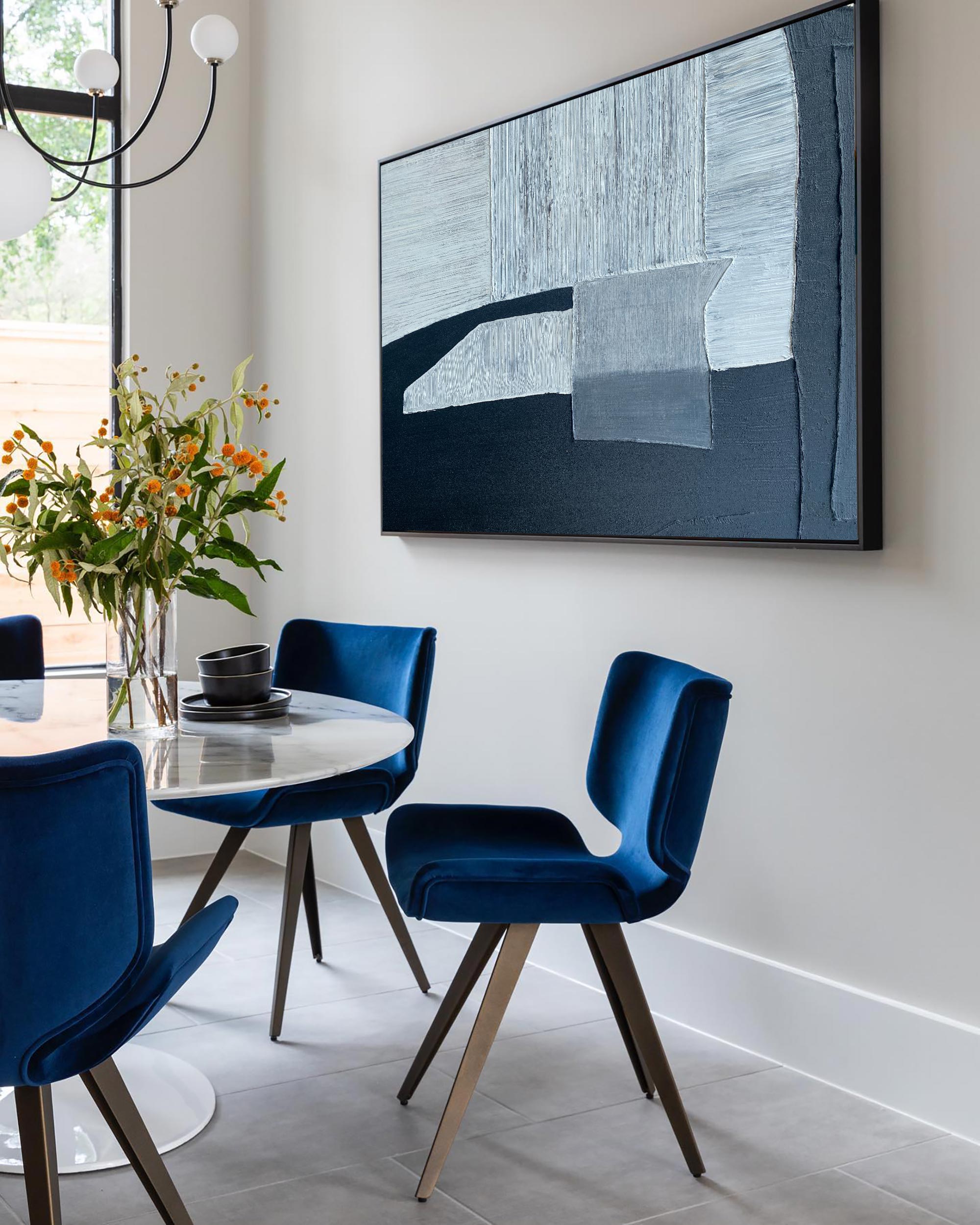 Navy‑Blue‑Grey Horizontal Block‑Shape Impasto‑Textured Artwork