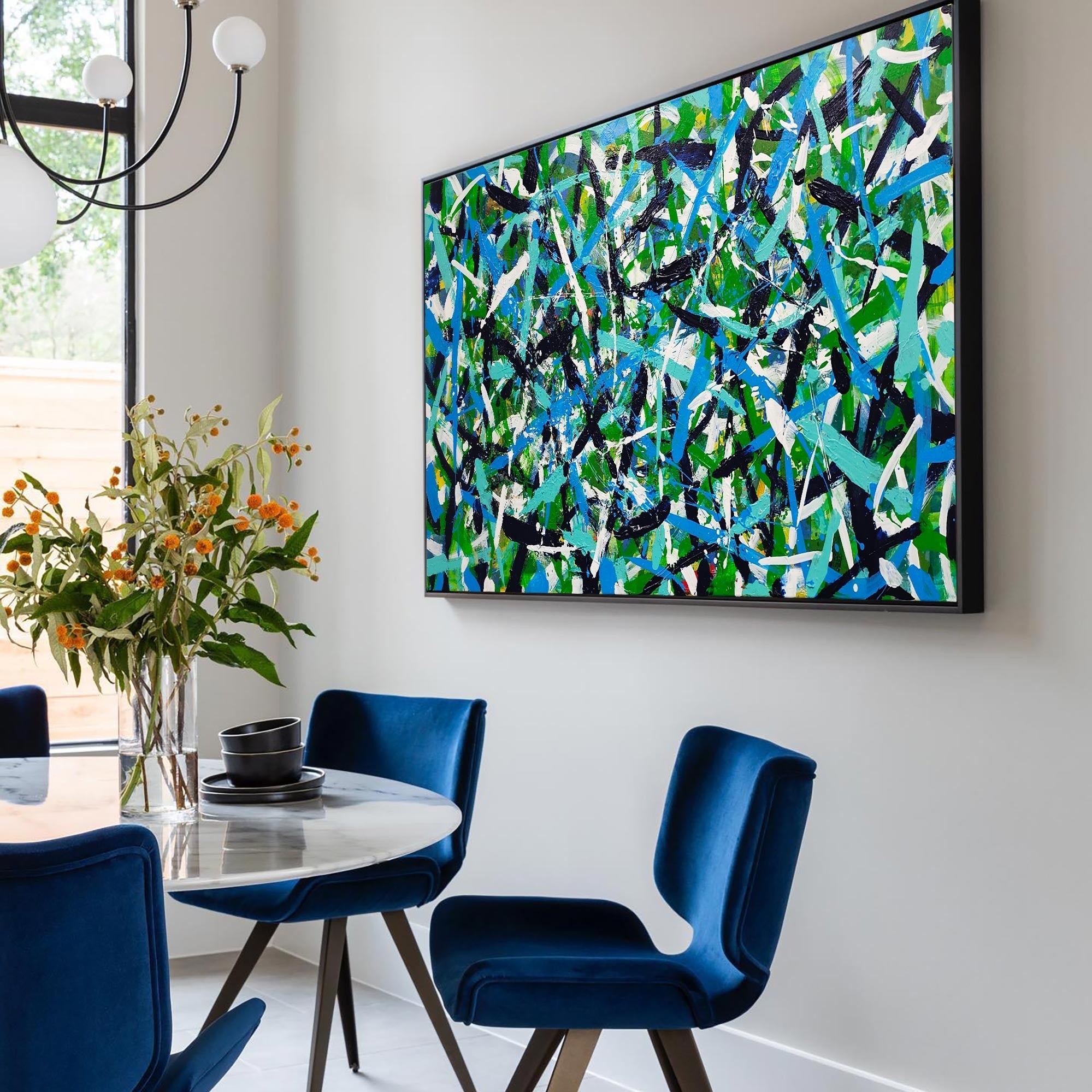 Abstract Expressionist Green Blue Teal Black Acrylic on Canvas Painting
