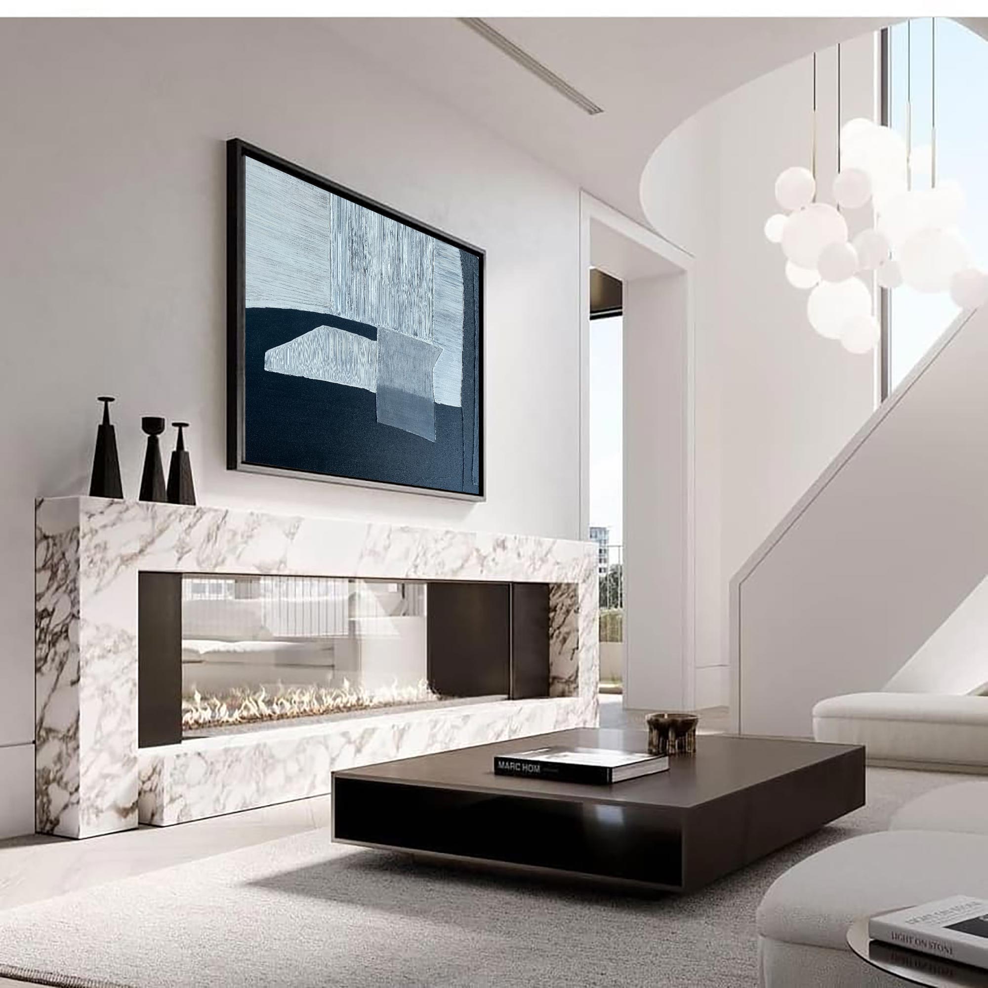 Navy‑Blue‑Grey Horizontal Block‑Shape Impasto‑Textured Artwork