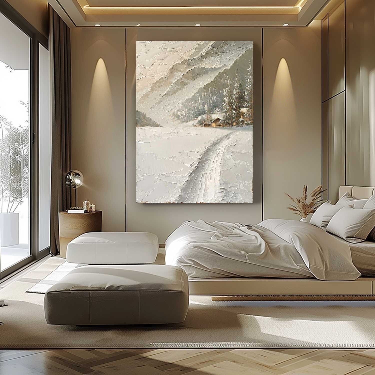 Wall Art Impasto Alpine Winter Cabin