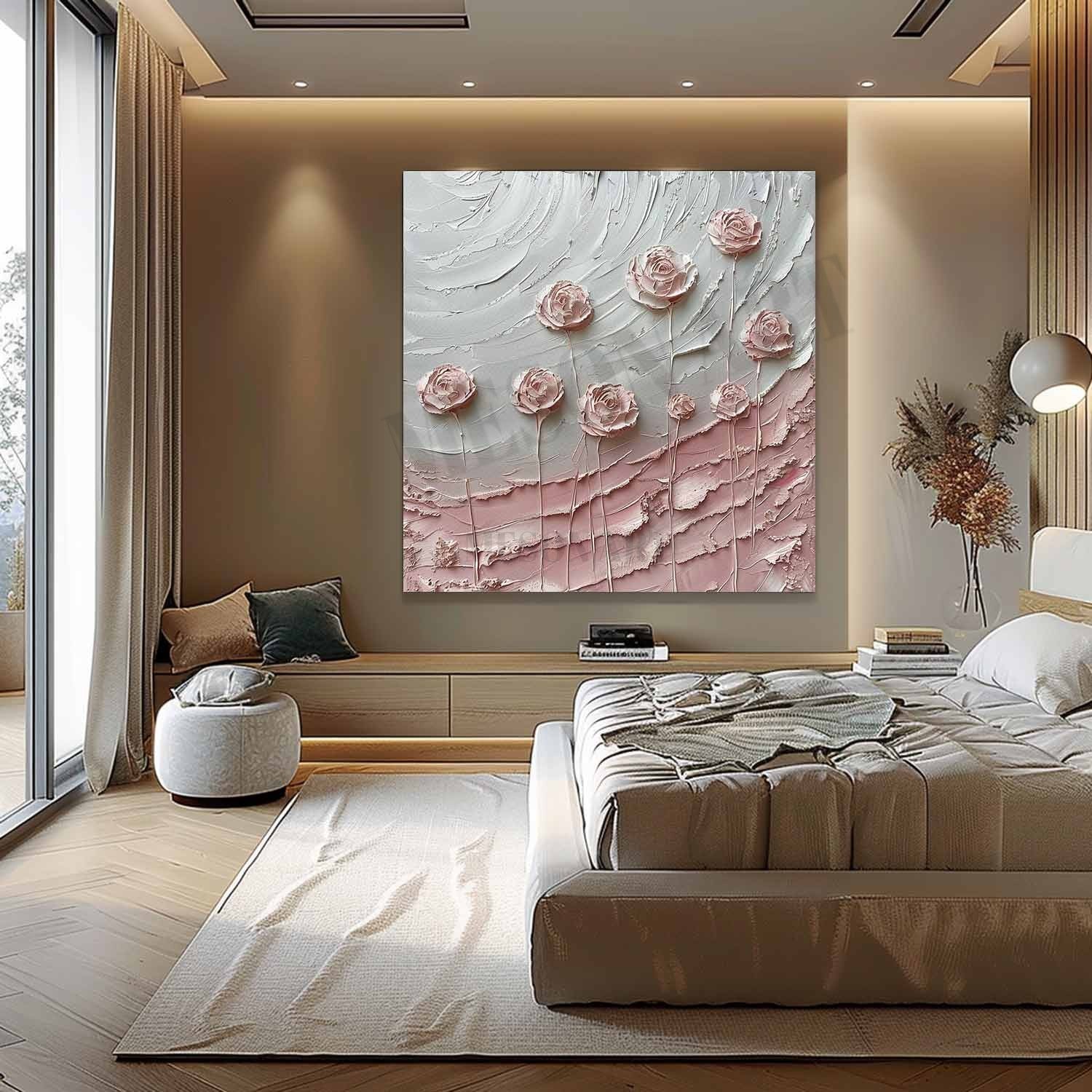Wall Art Square Pink Rose Floral Painting