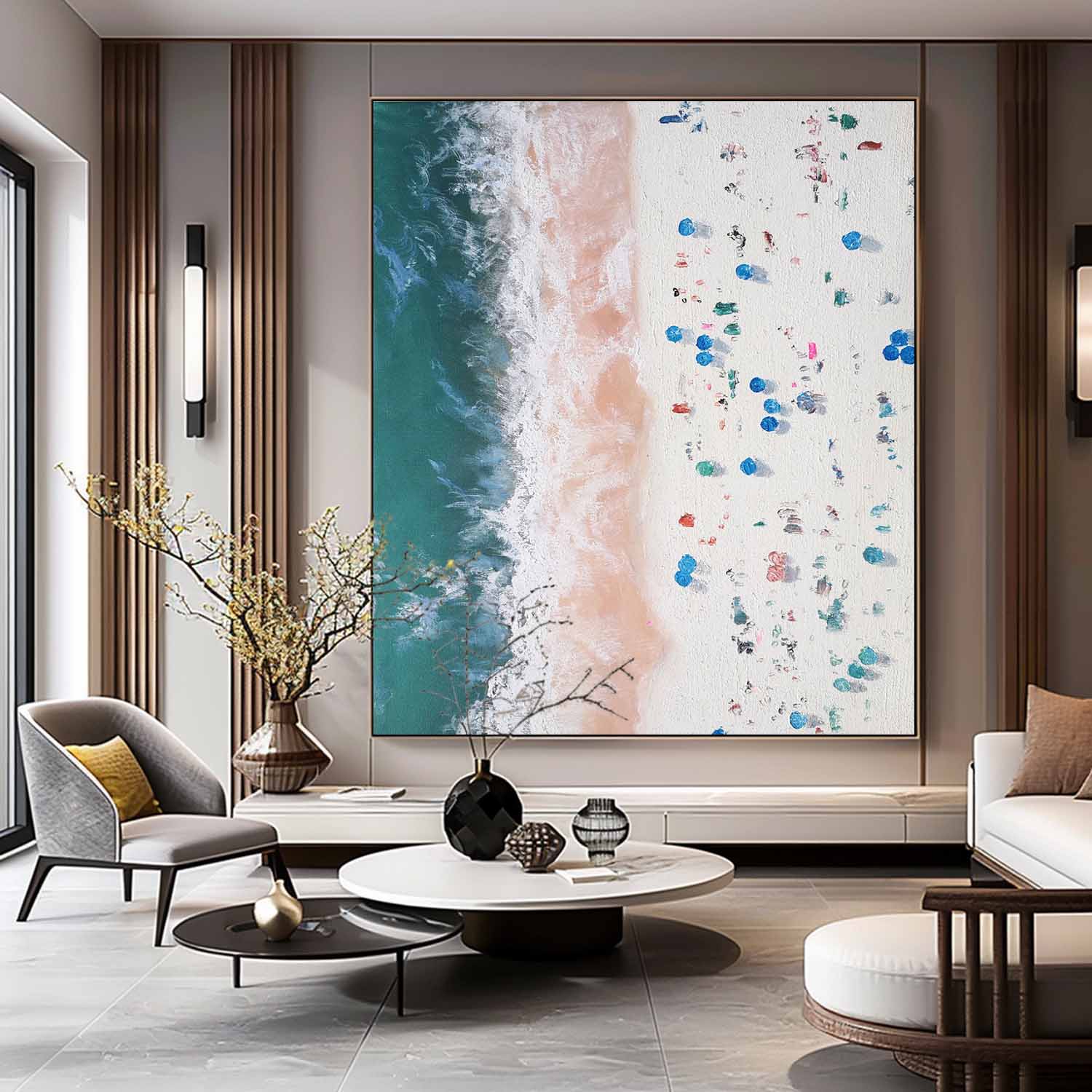 Vertical Aerial Beach Crowd Impasto Painting
