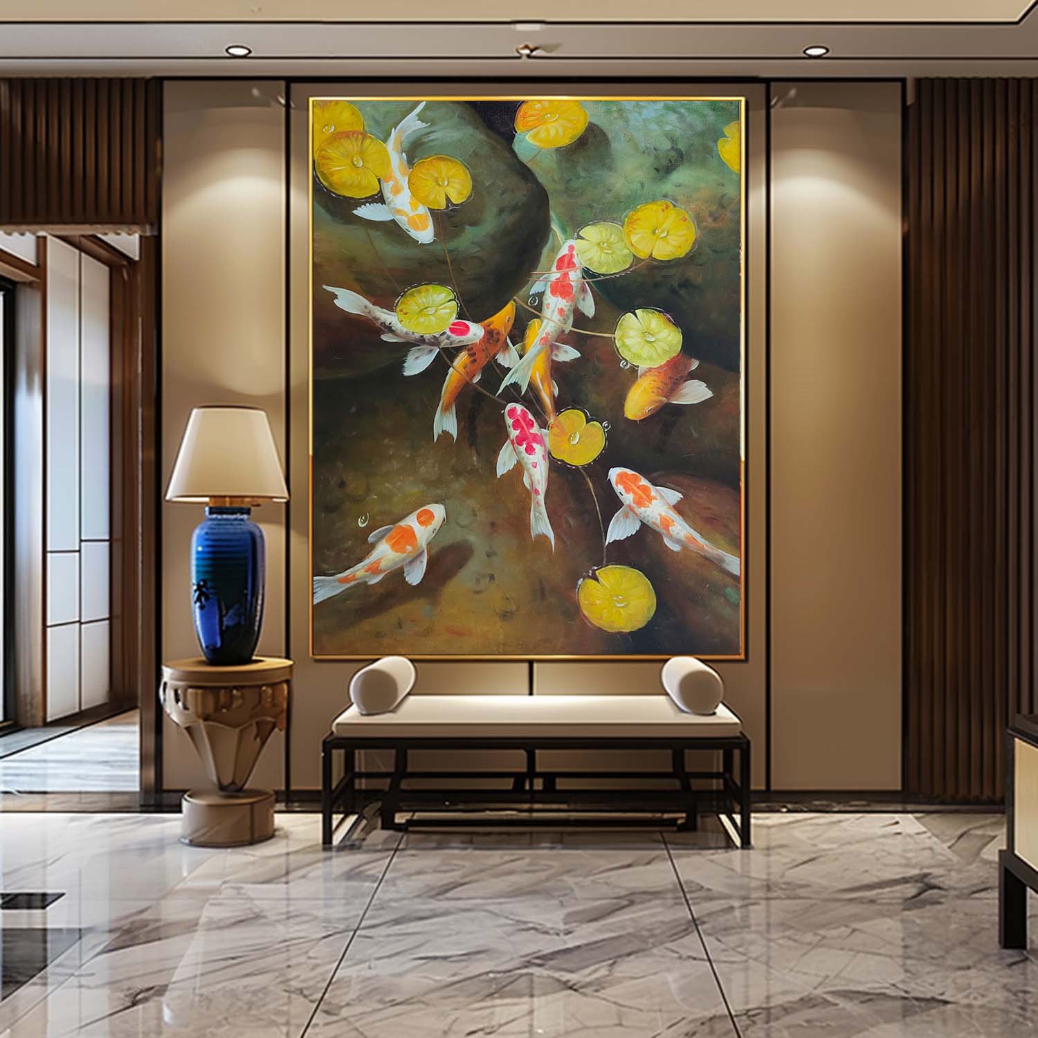 Wall Art Koi Fish Lotus Pond Realistic Oil Painting