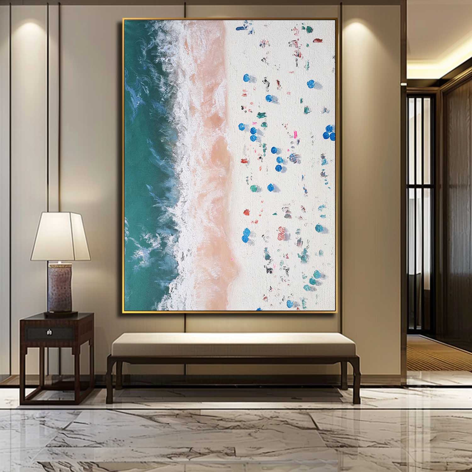 Vertical Aerial Beach Crowd Impasto Painting