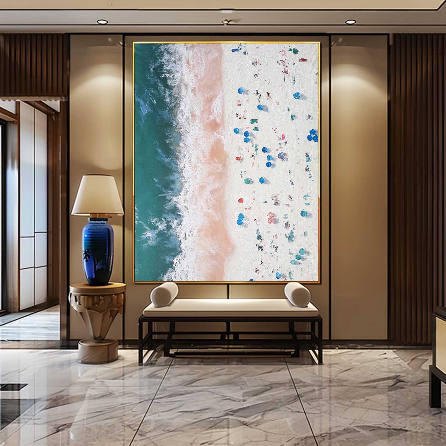 Vertical Aerial Beach Crowd Impasto Painting