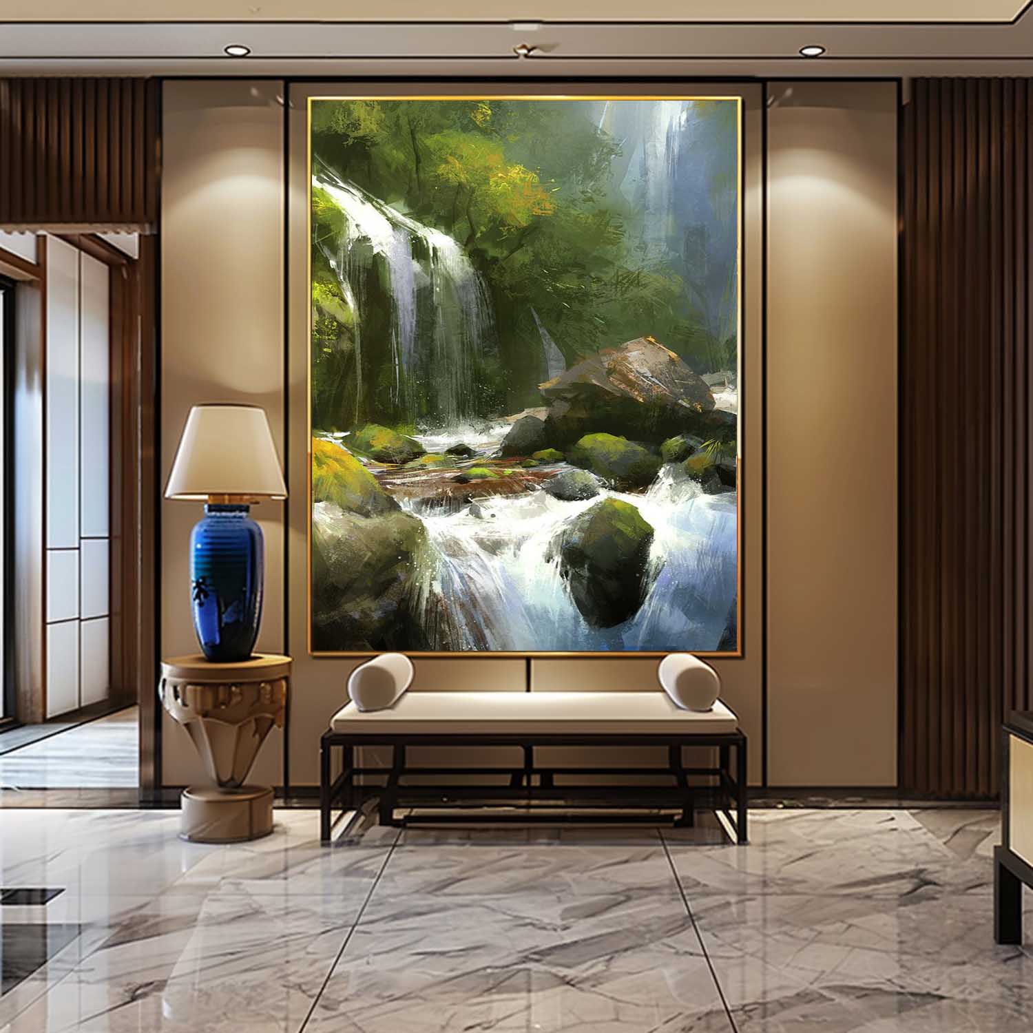 Wall Art Vertical Impressionist Waterfall Landscape Lush