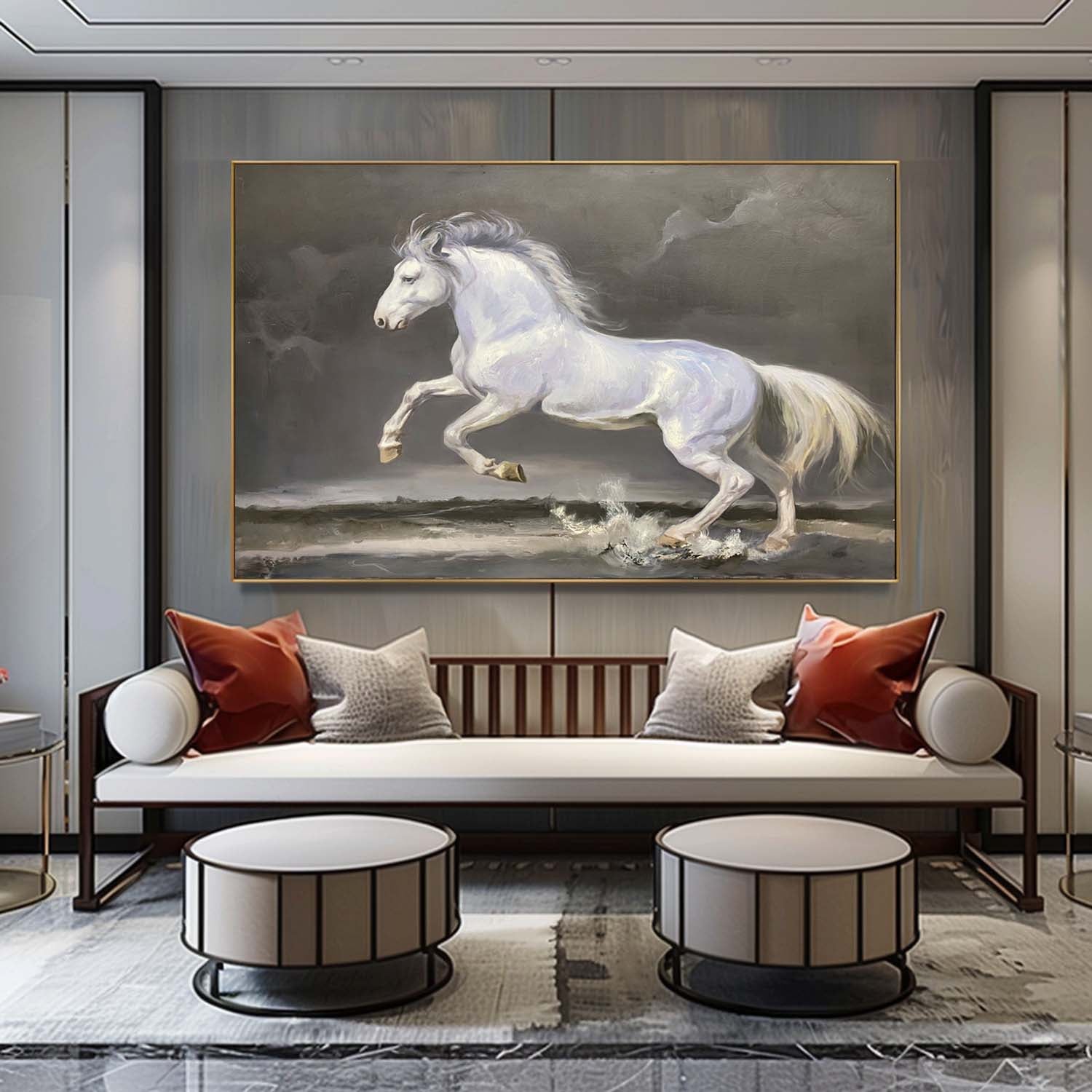 Wall Art Panoramic Realist White Horse Scene Moody