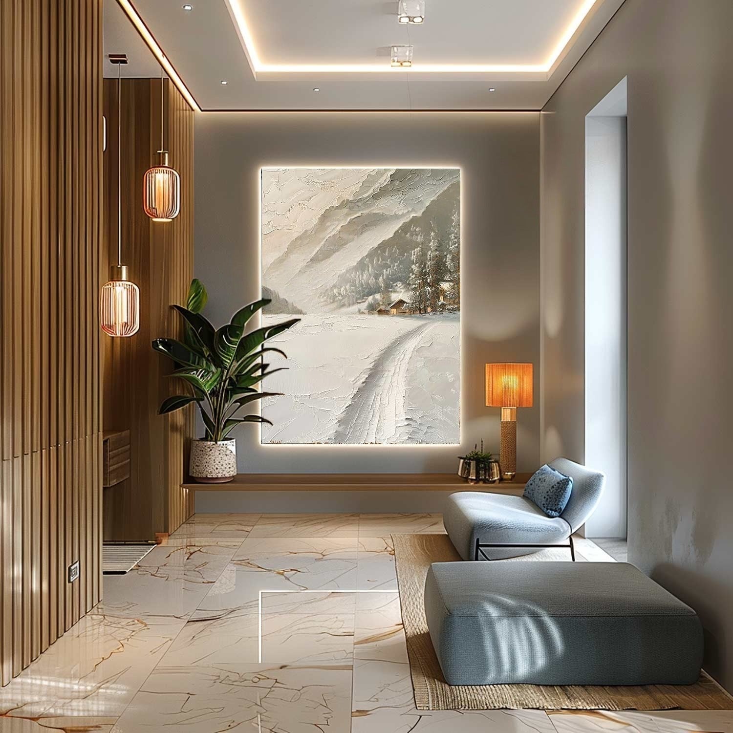 Wall Art Impasto Alpine Winter Cabin