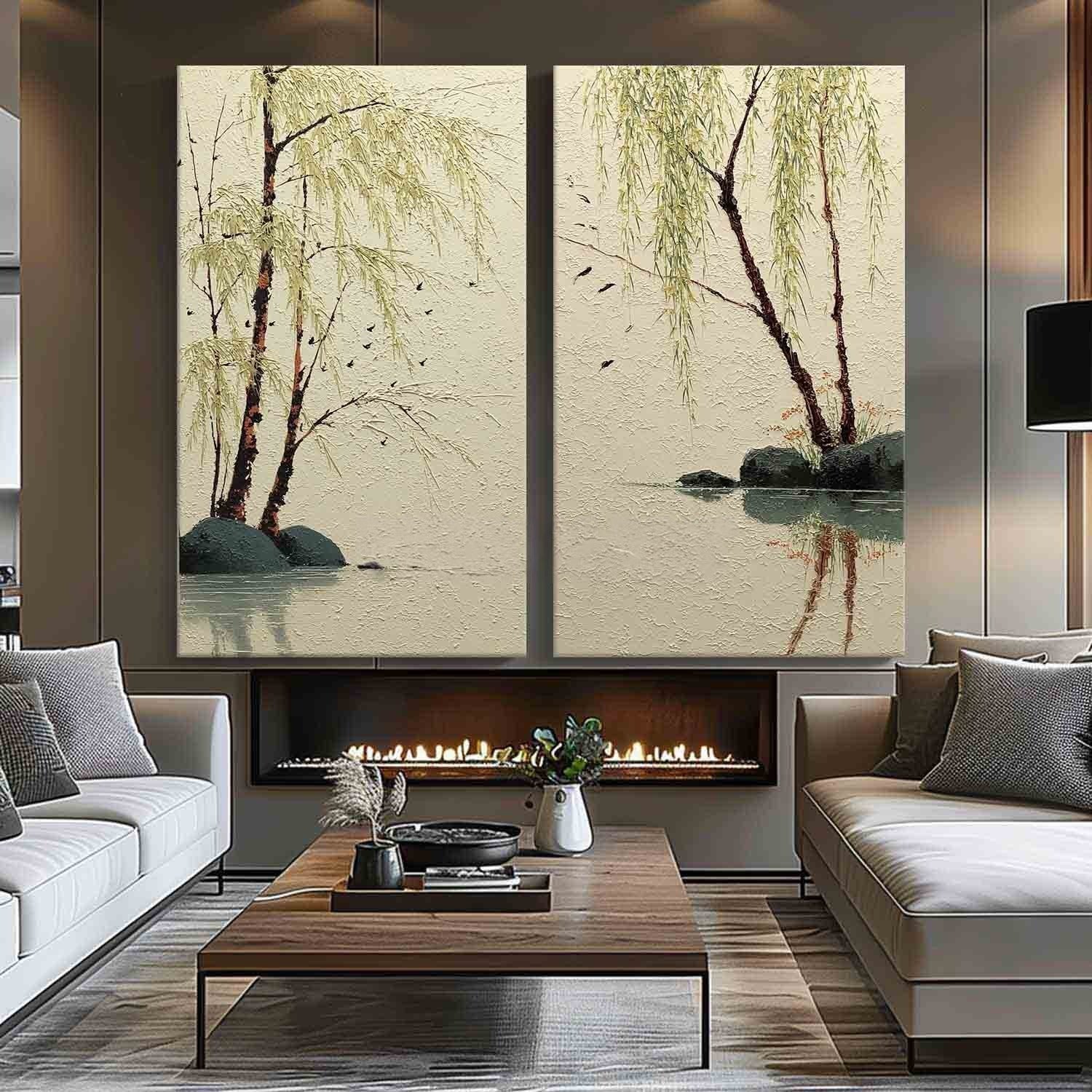 Willow Lake Diptych 3D Impasto Painting