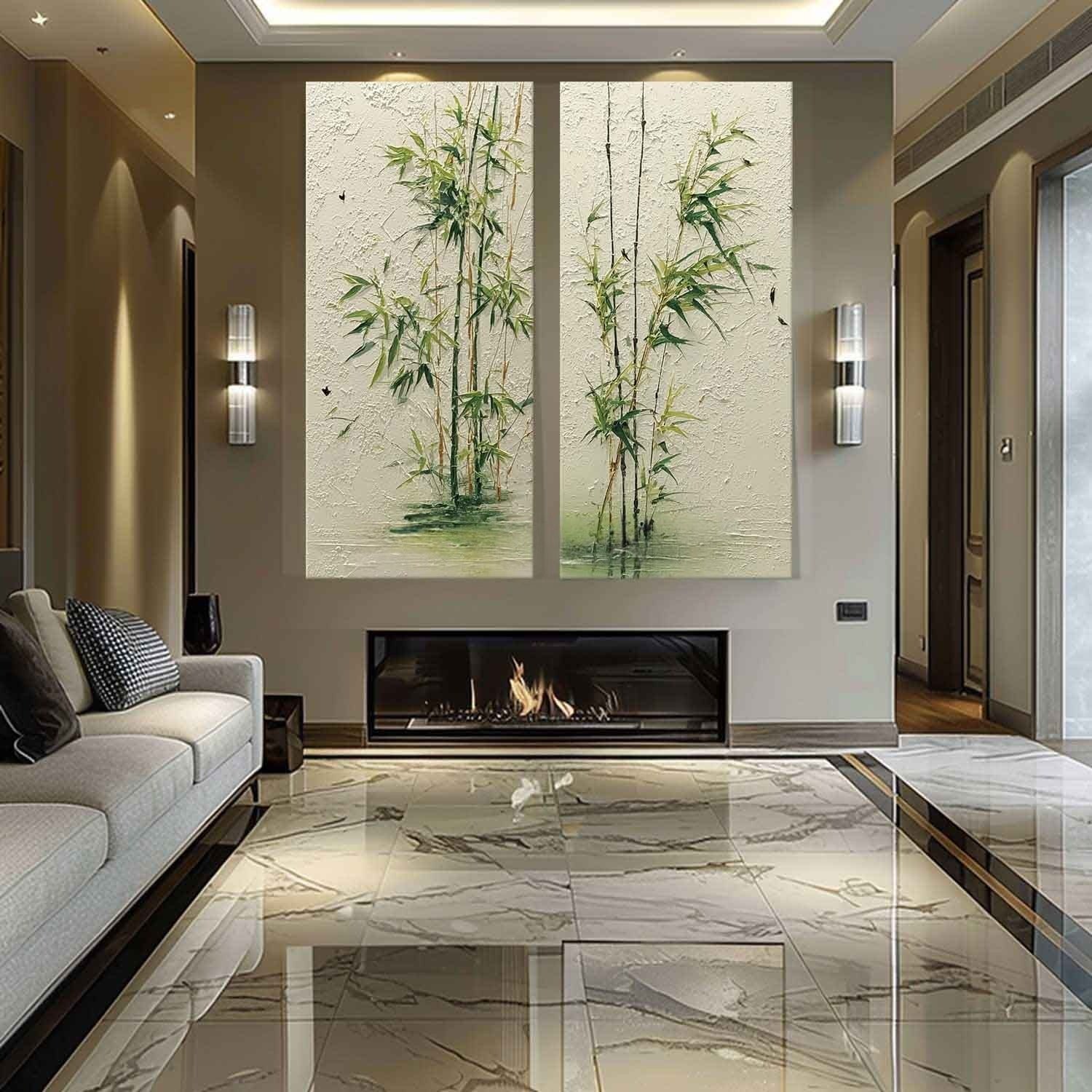 Wall Art Green Bamboo Diptych Oriental Set