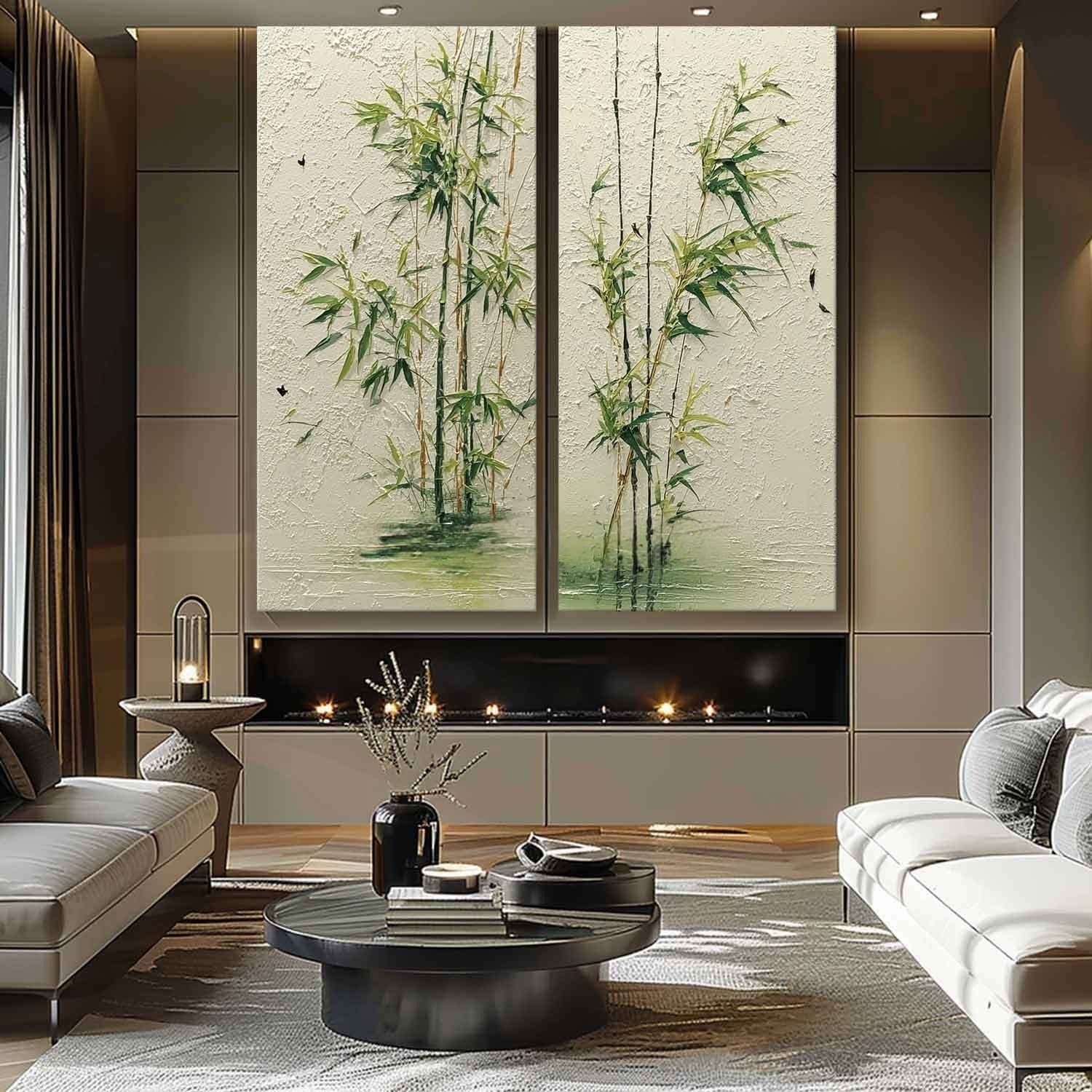 Wall Art Green Bamboo Diptych Oriental Set