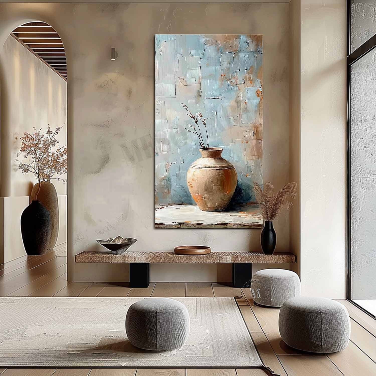 Vertical Textured Terracotta Vase Painting