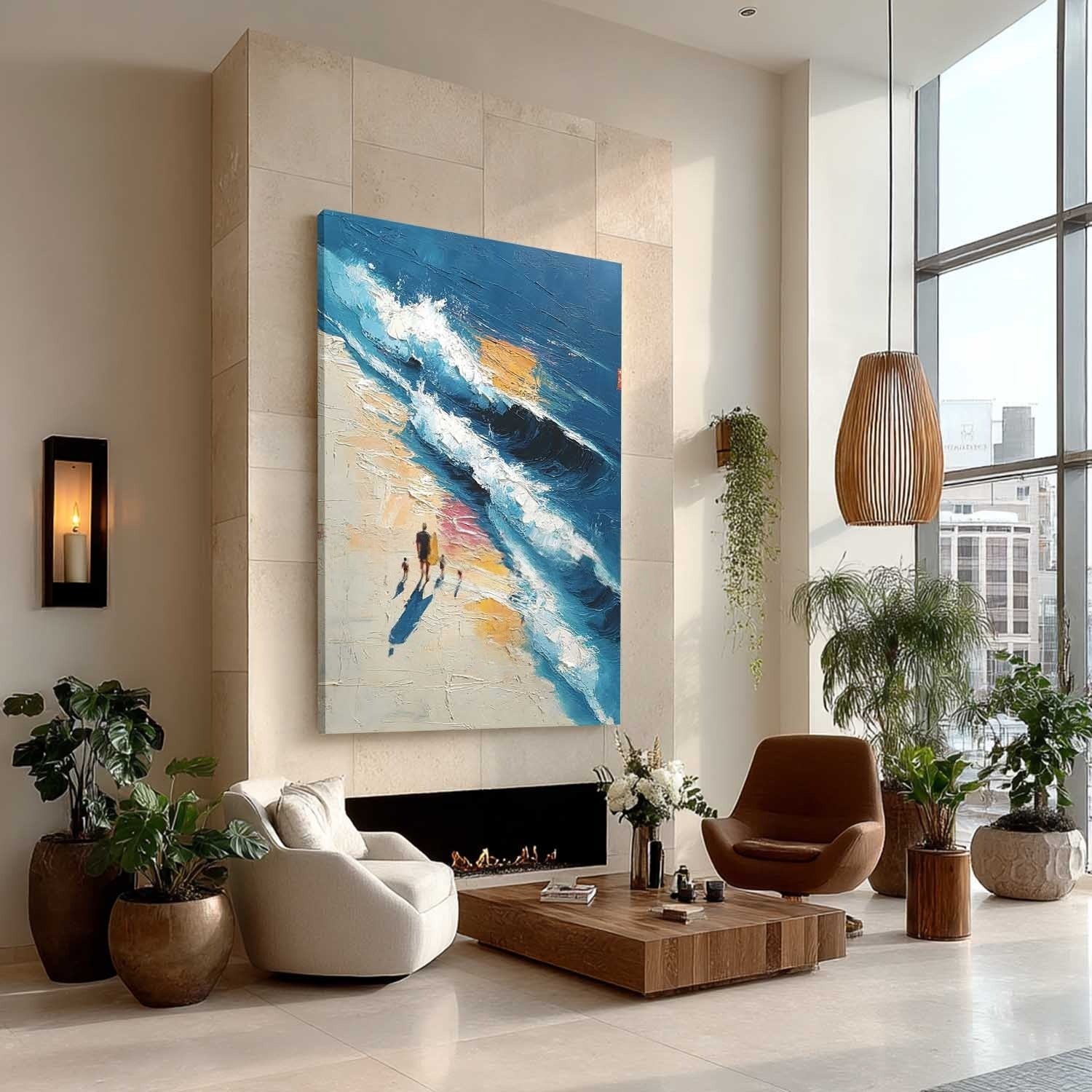 Wall Art Vertical Impressionist Family Beach Scene Deep