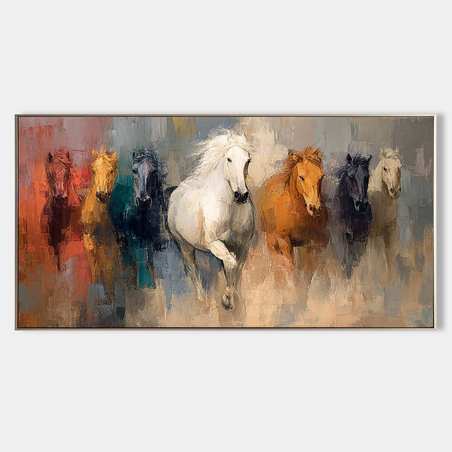 Wall Art Panoramic Impressionist Galloping Horses Scene Vibrant