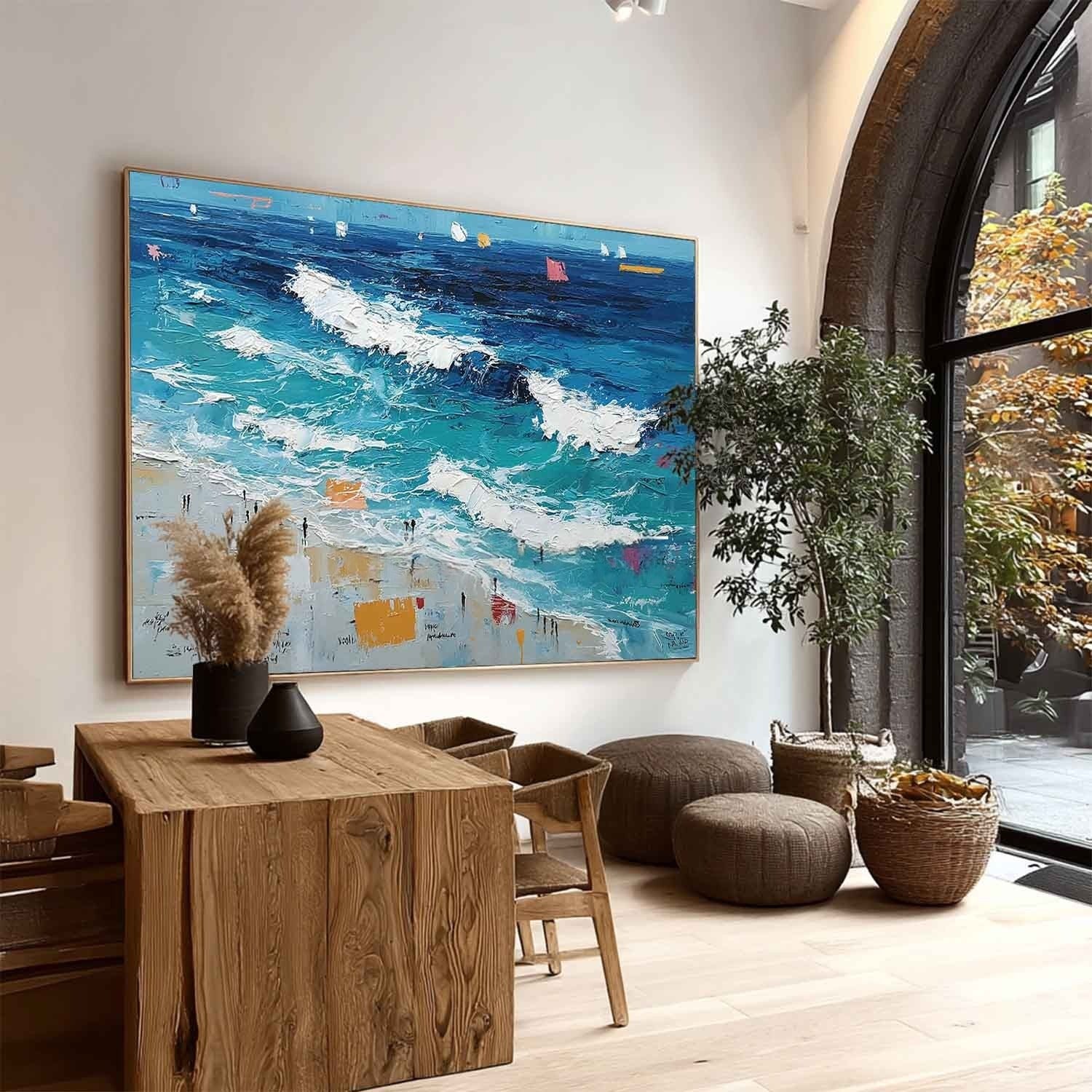 Wall Art Panoramic Impressionist Ocean Wave Scene Vivid Turquoise