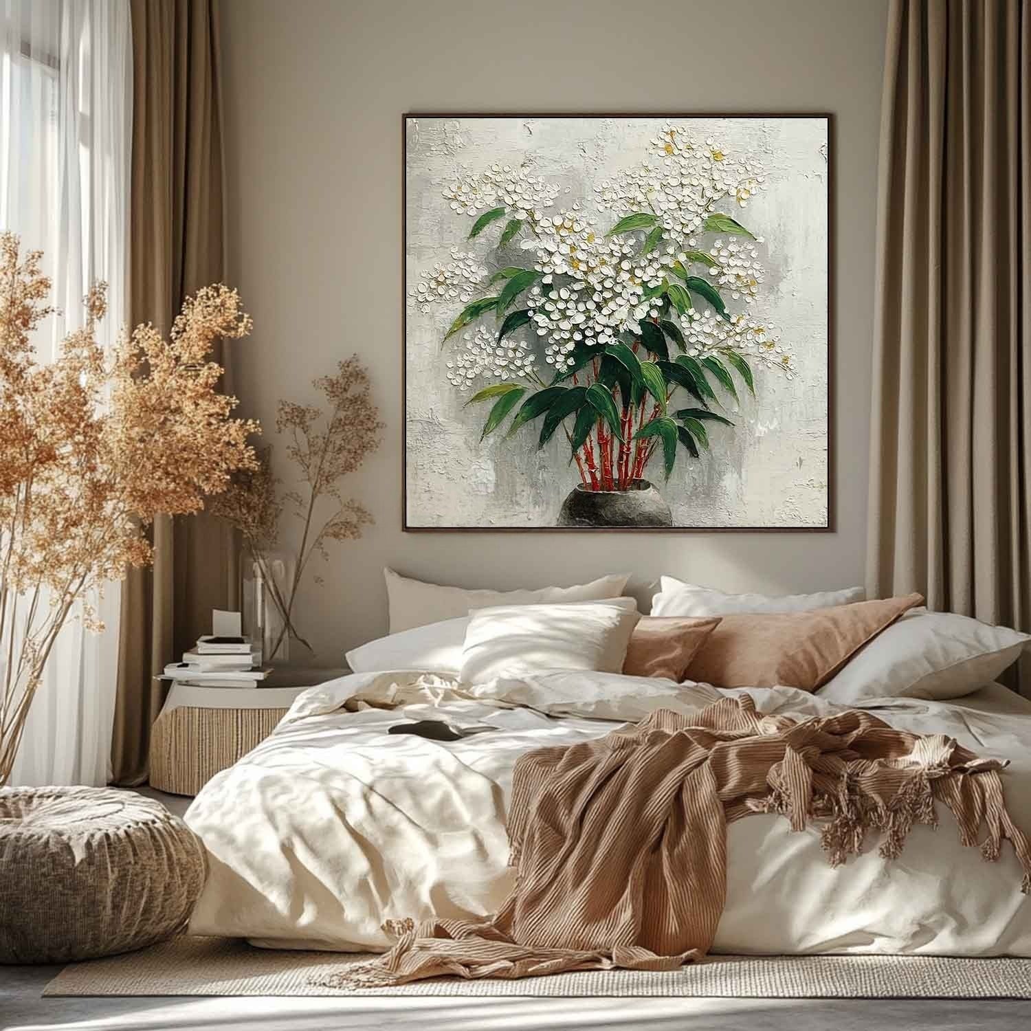 White Blossoms Red Stems Impasto Painting