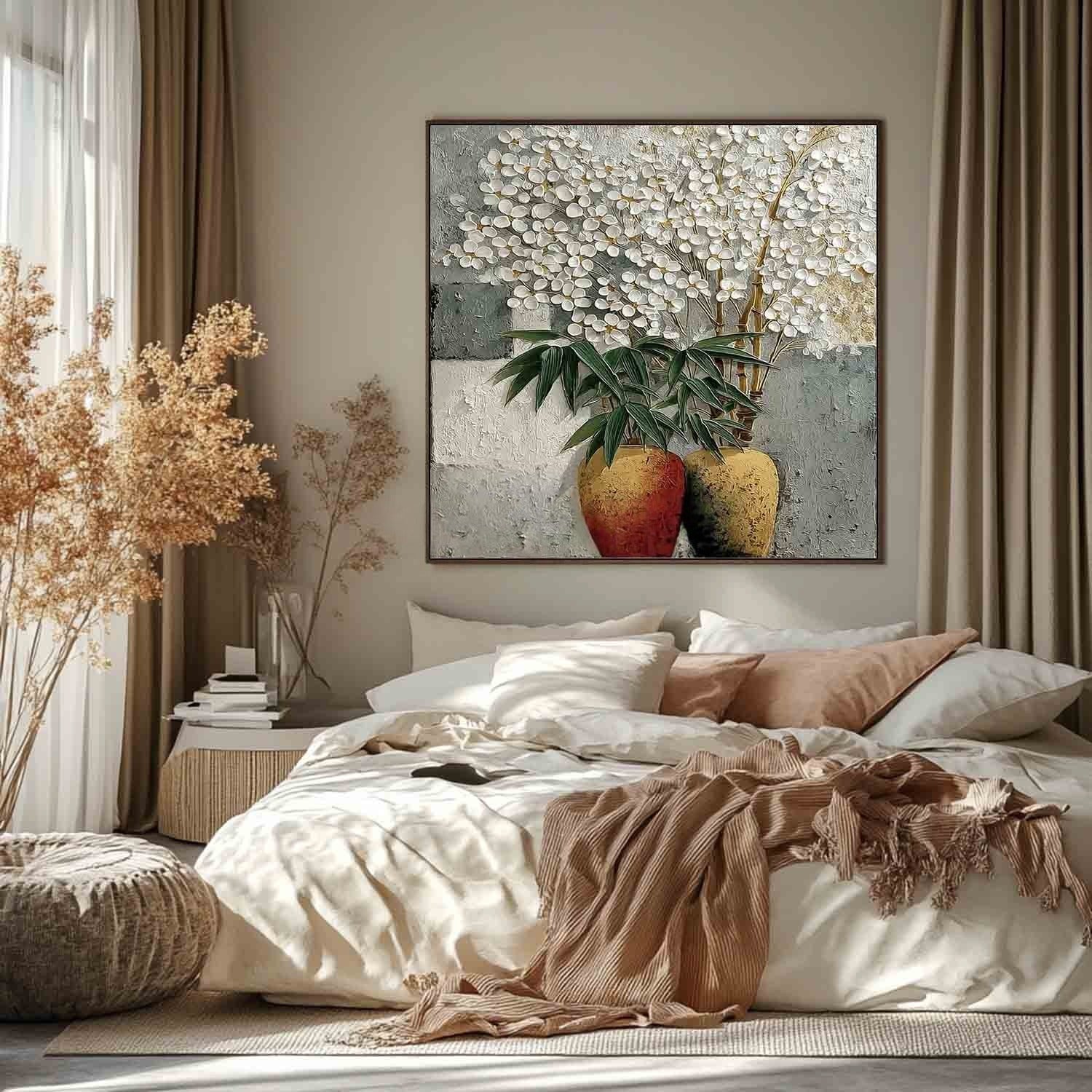 White Blossoms Gold Vases Impasto Painting