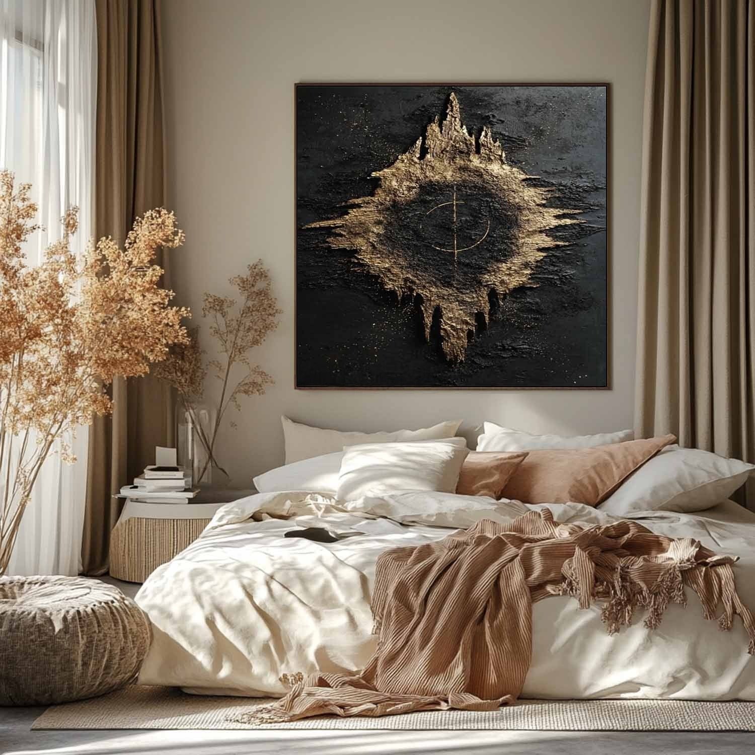 Black Gold Abstract Geode Bas-Relief Painting