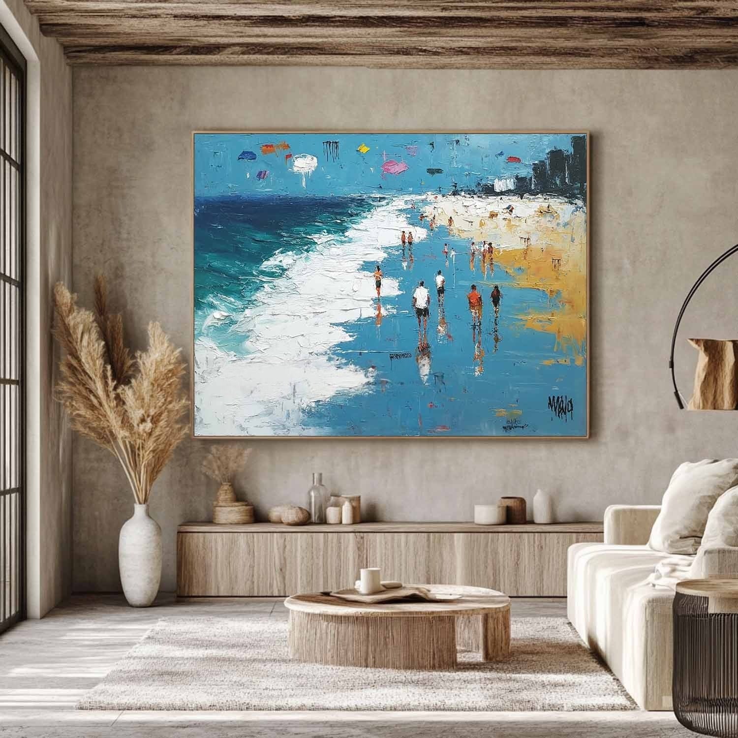 Wall Art Panoramic Impressionist Beach Boardwalk Scene Bright
