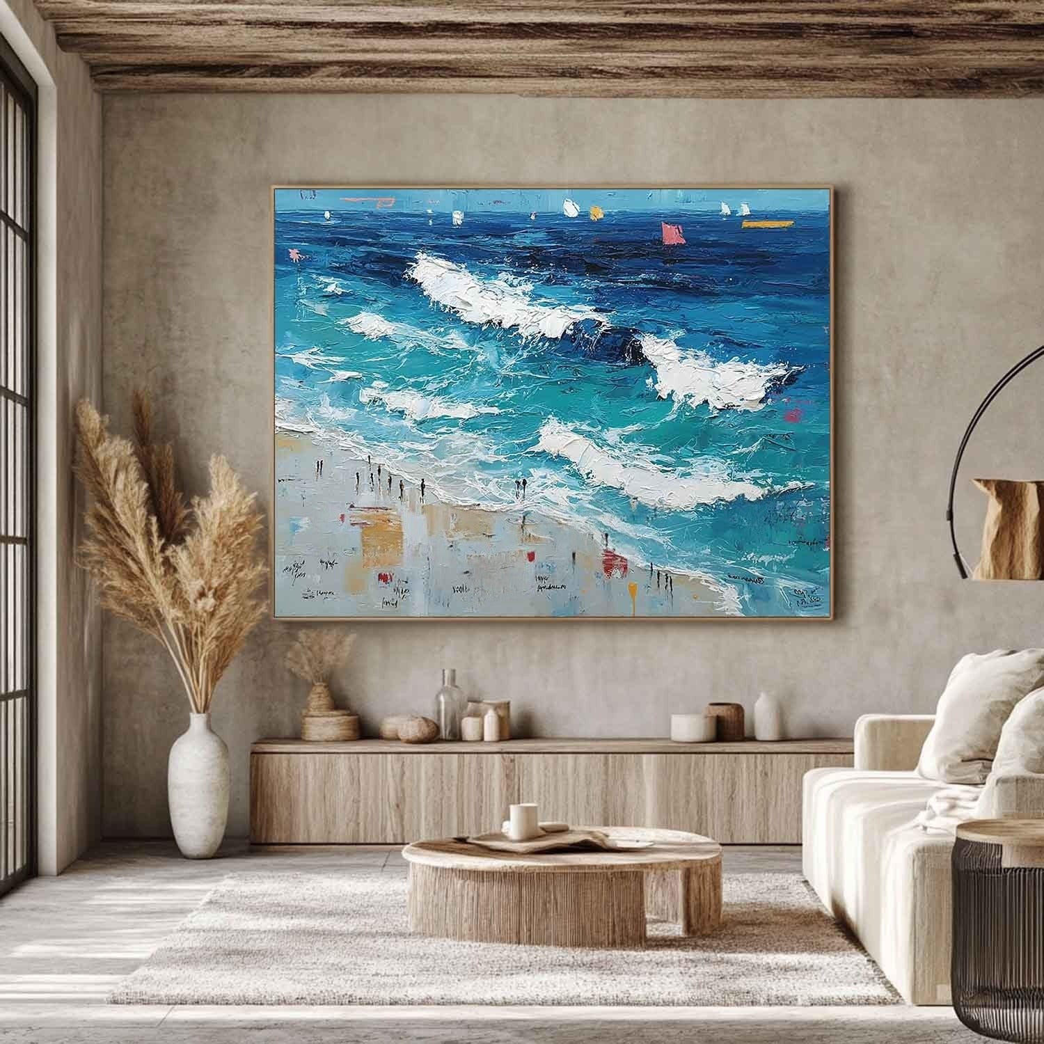 Wall Art Panoramic Impressionist Ocean Wave Scene Vivid Turquoise