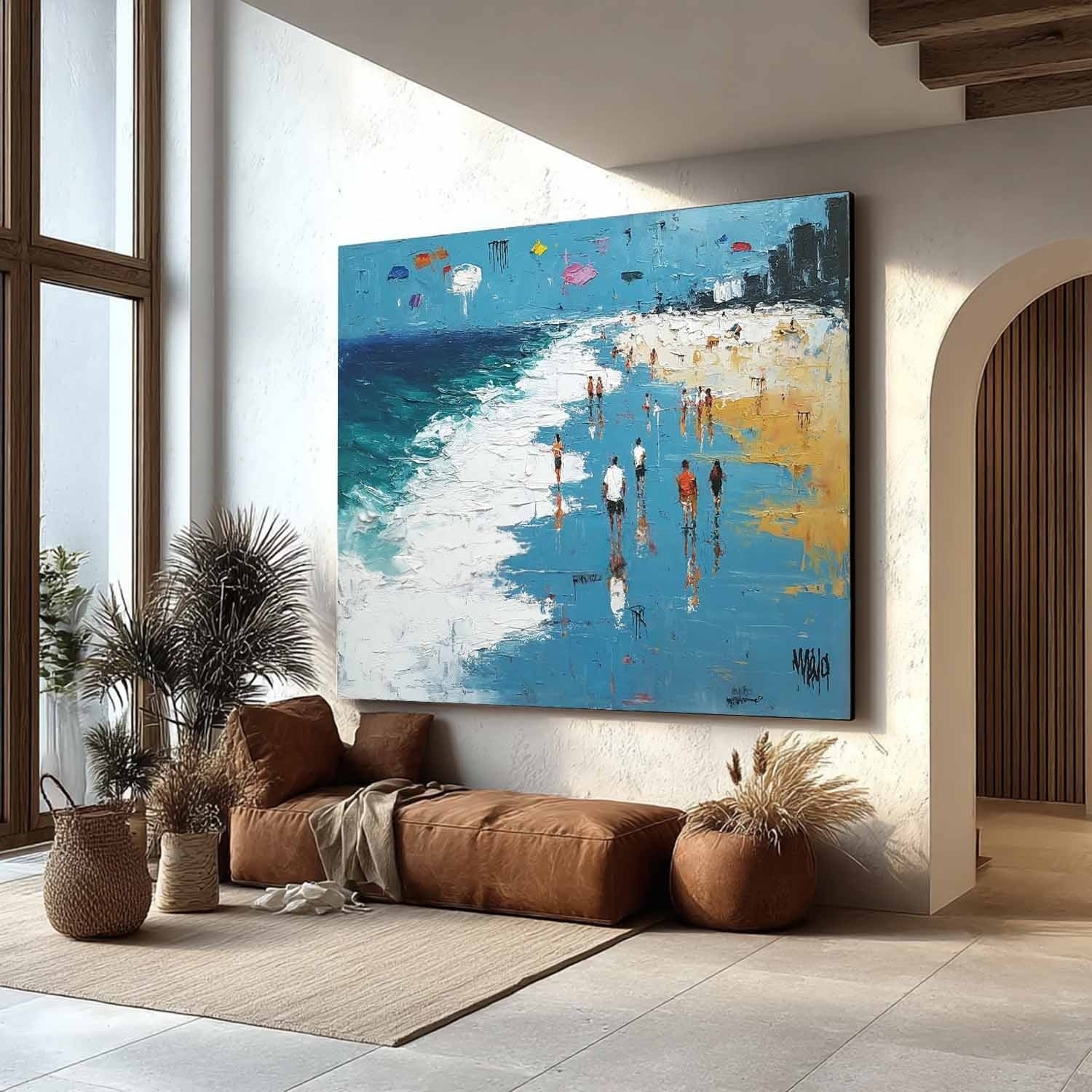 Wall Art Panoramic Impressionist Beach Boardwalk Scene Bright