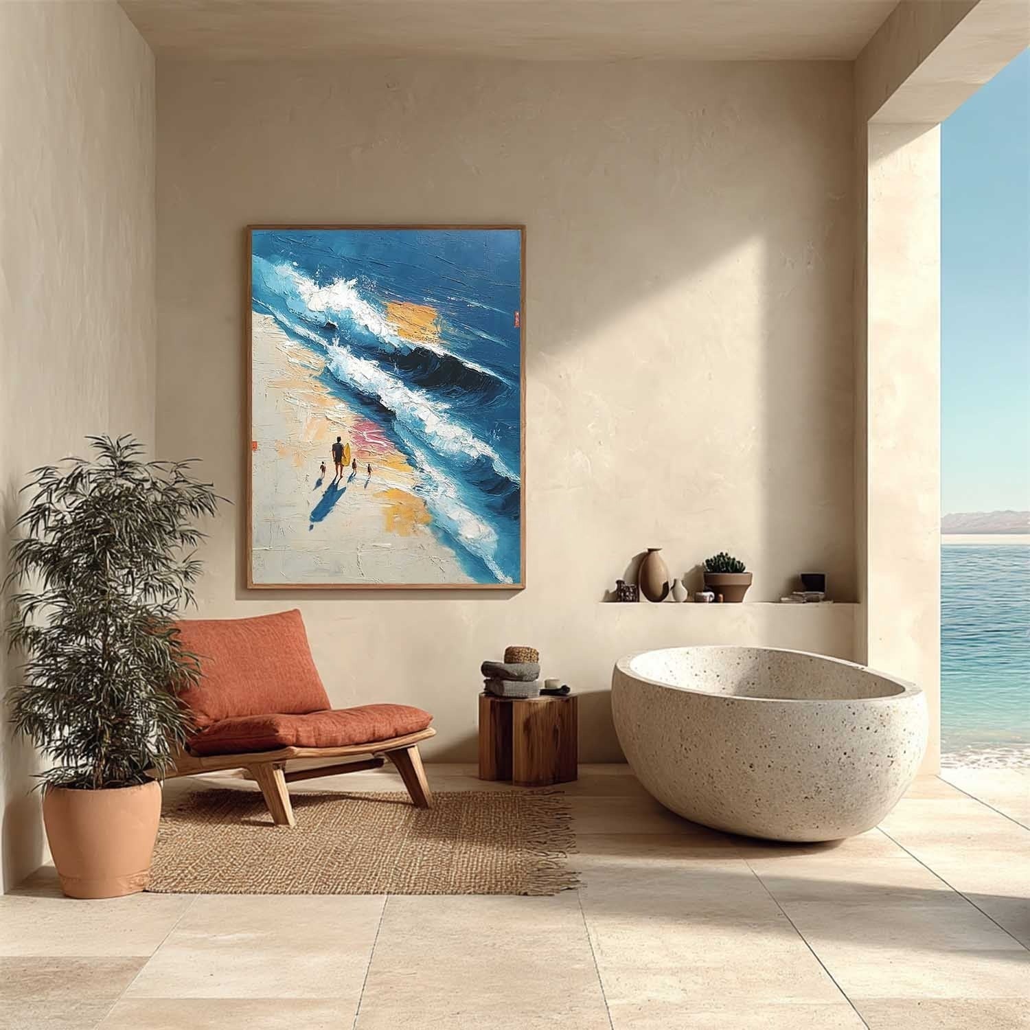 Wall Art Vertical Impressionist Family Beach Scene Deep