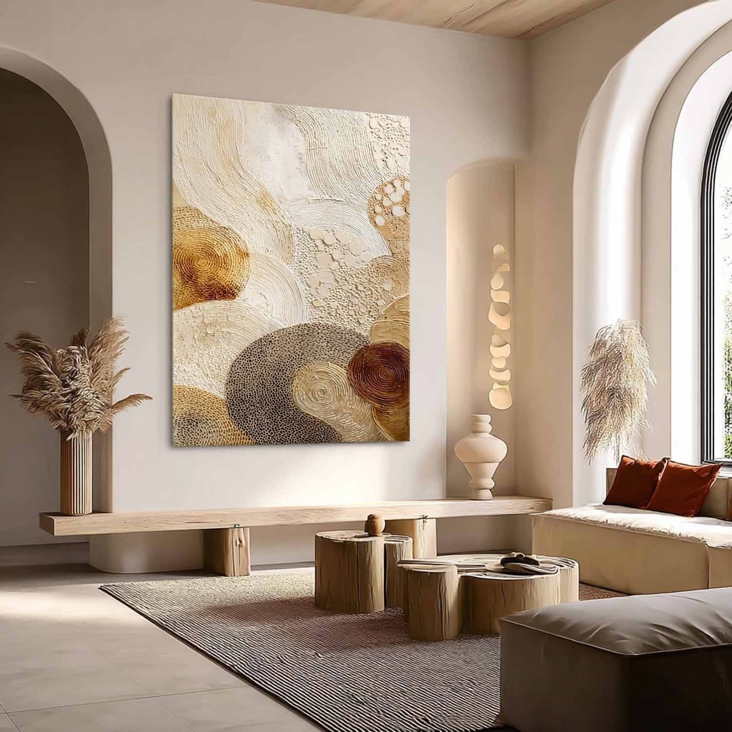 Gold Beige Abstract Circle Textured Canvas Art