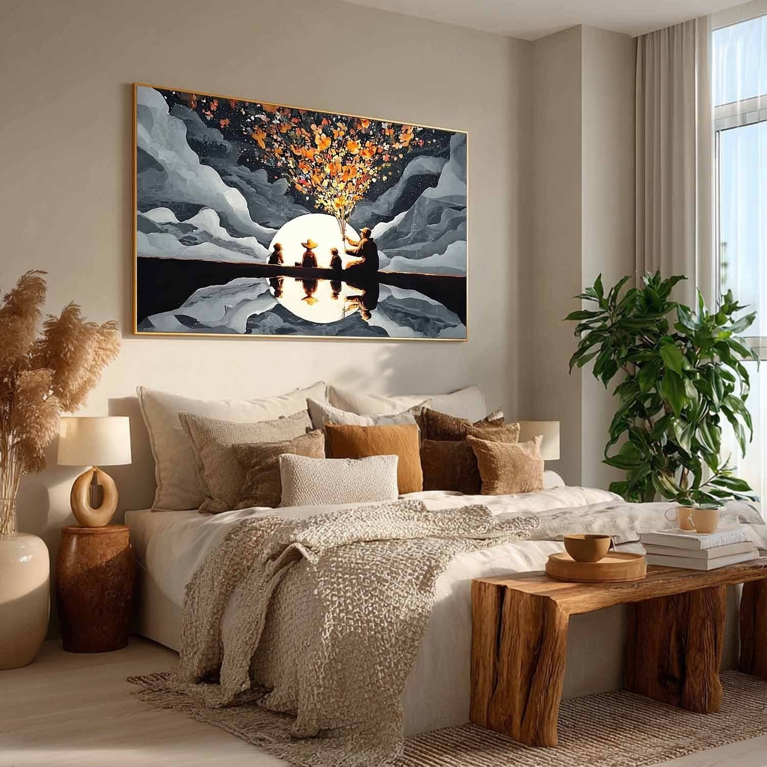 Family Silhouette Moon Art Oil Painting
