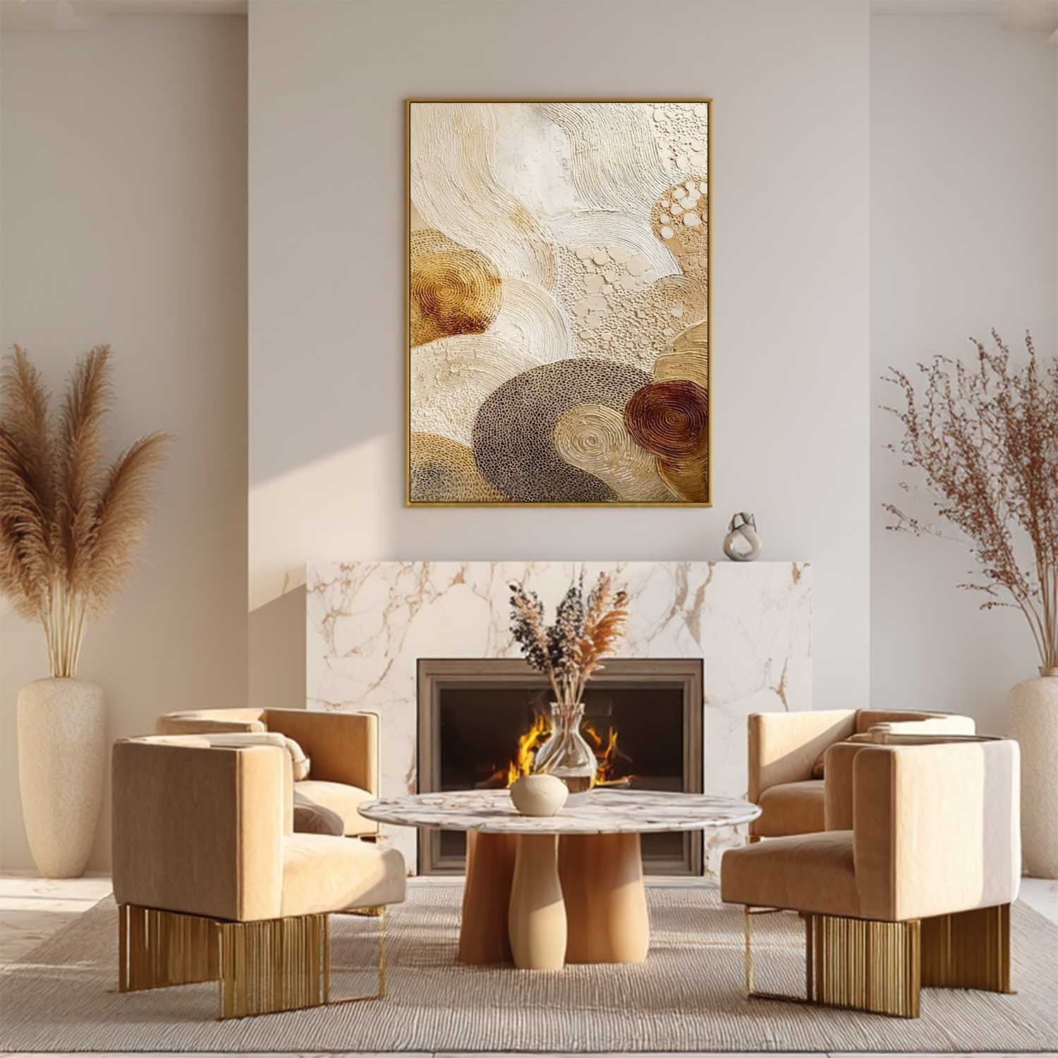Gold Beige Abstract Circle Textured Canvas Art