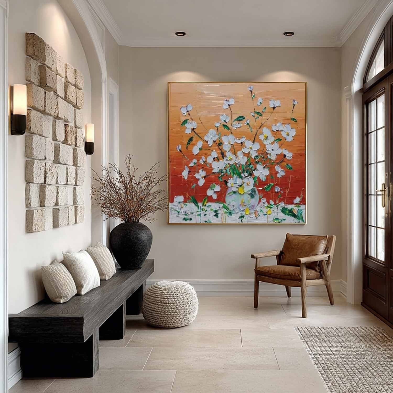 White Floral Bouquet 3D Impasto Painting