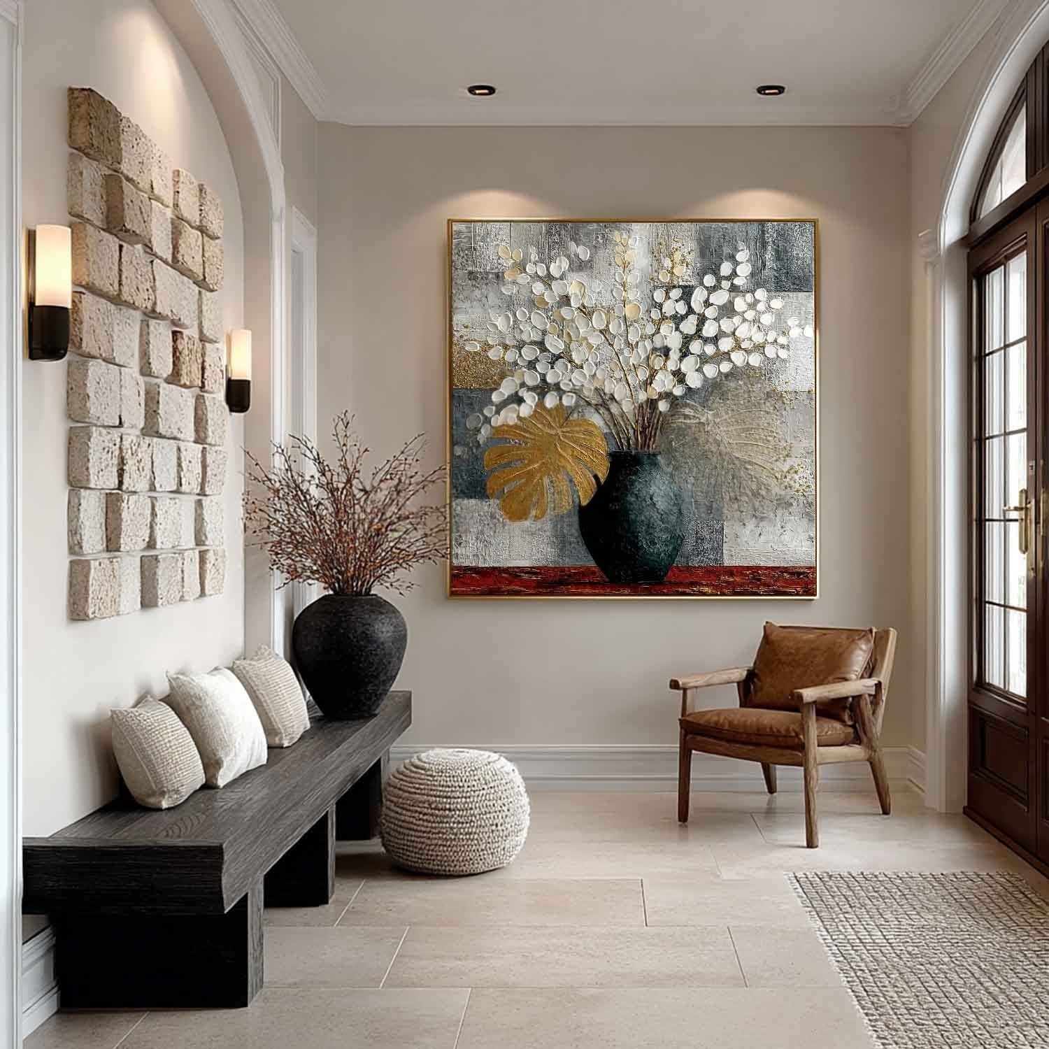 Gold Monstera White Blossoms Impasto Painting