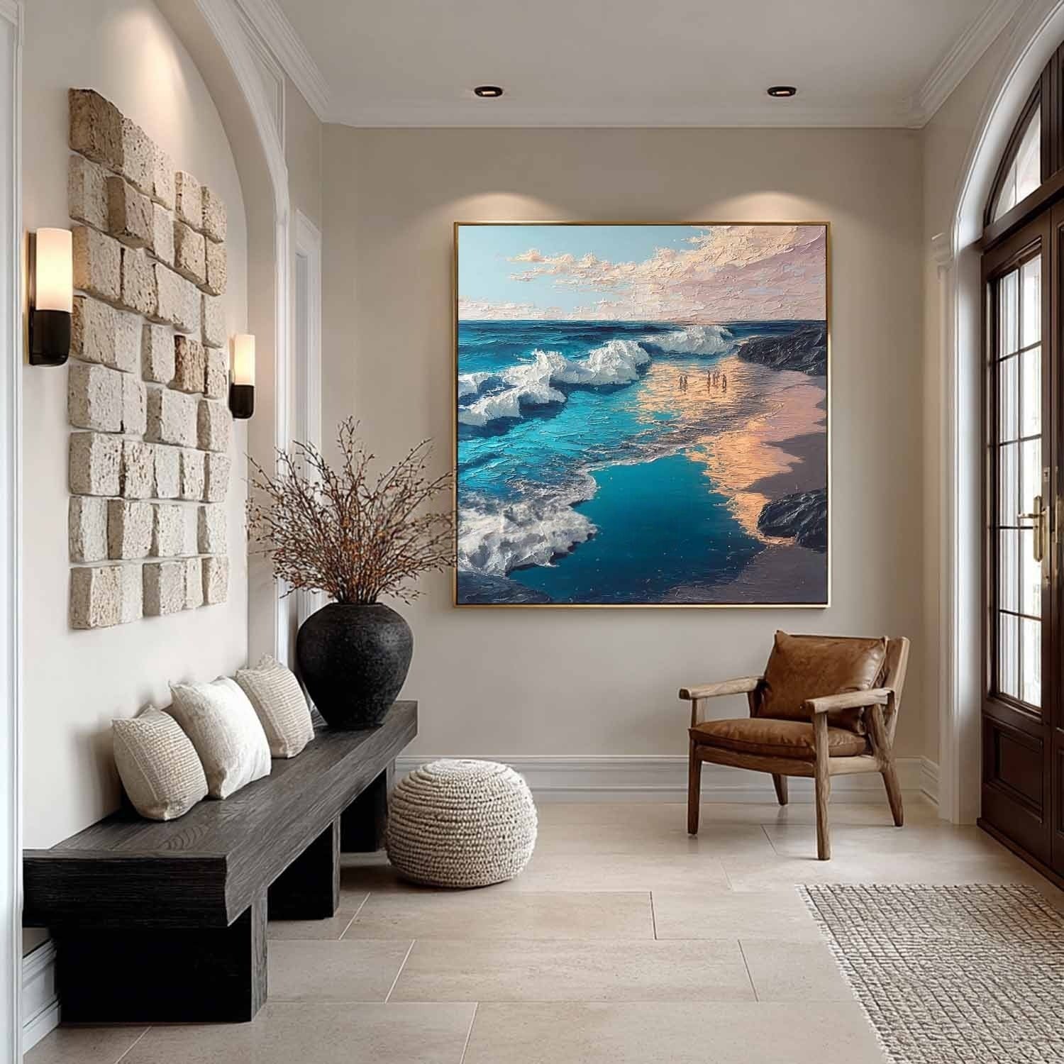 Sunset Beach Wave Impasto Painting