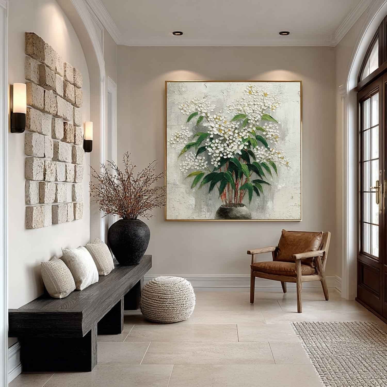 White Blossoms Red Stems Impasto Painting