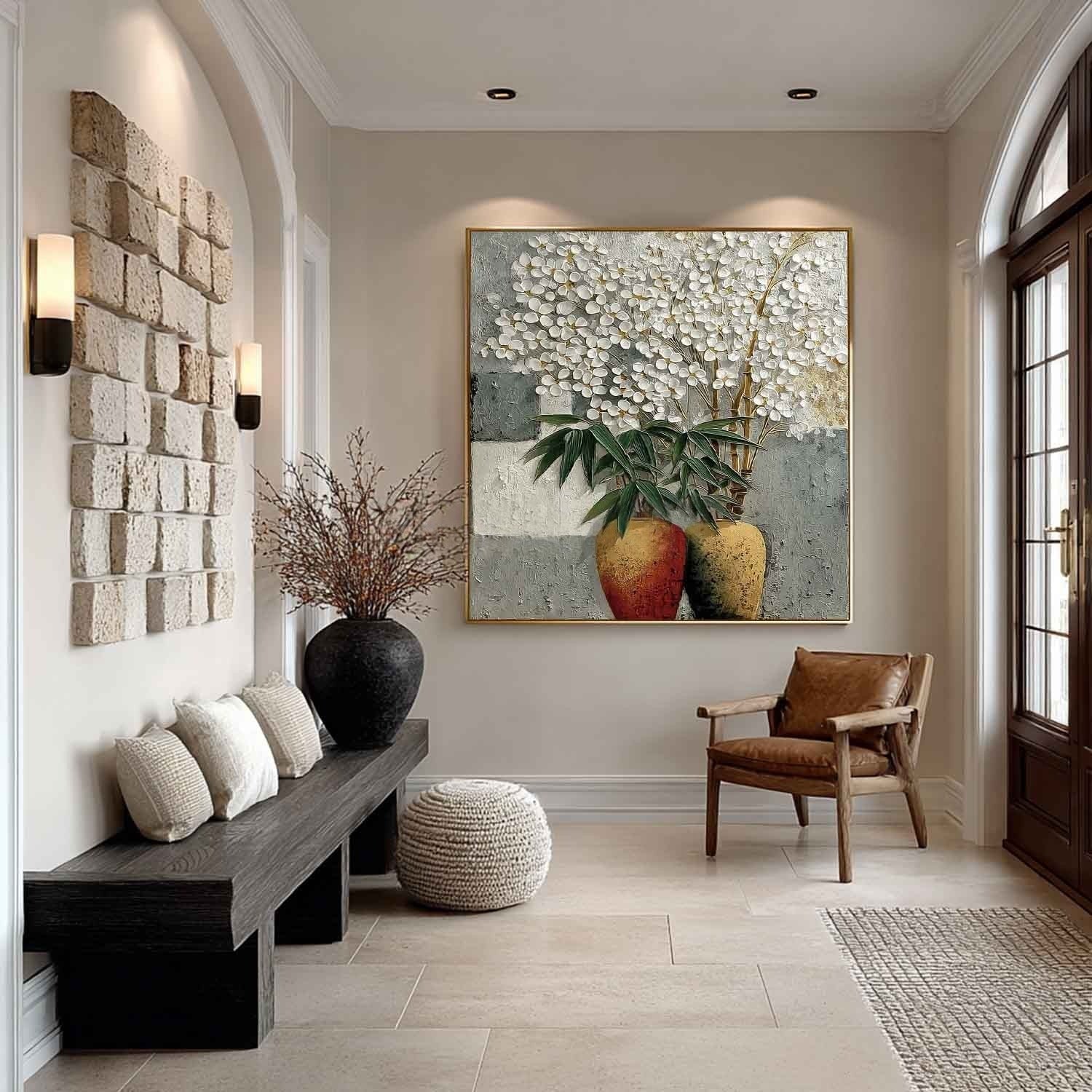 White Blossoms Gold Vases Impasto Painting