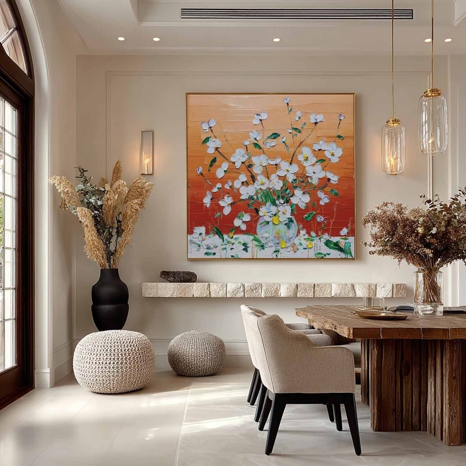 White Floral Bouquet 3D Impasto Painting