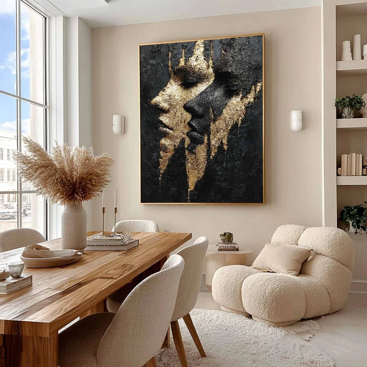 Yin-Yang Lovers Black Gold Impasto Painting