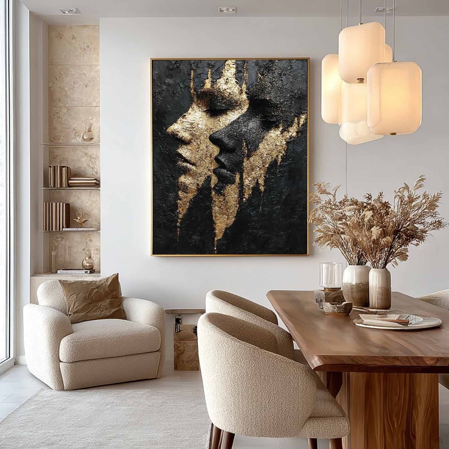 Yin-Yang Lovers Black Gold Impasto Painting