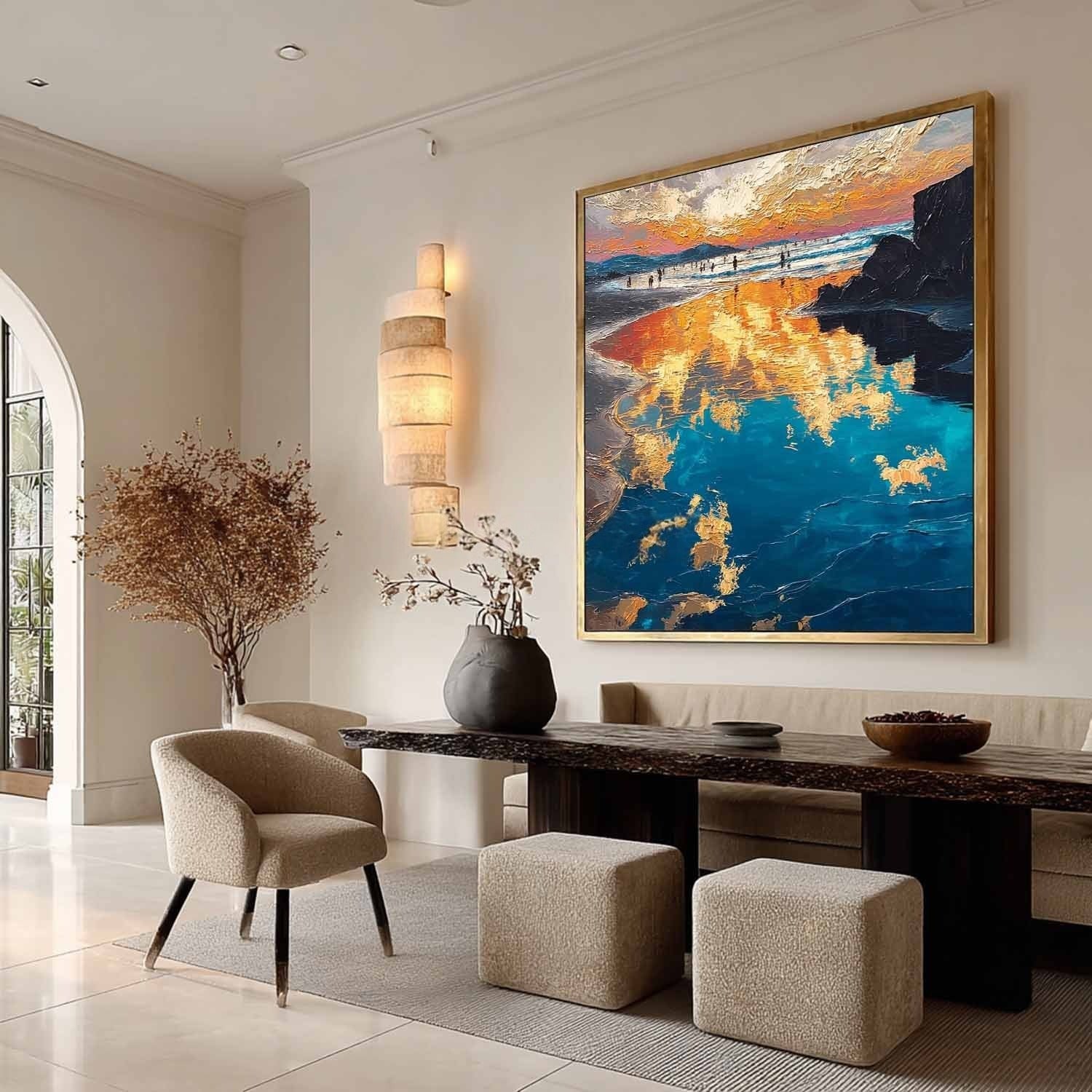 Golden Hour Beach Reflection Impasto Painting