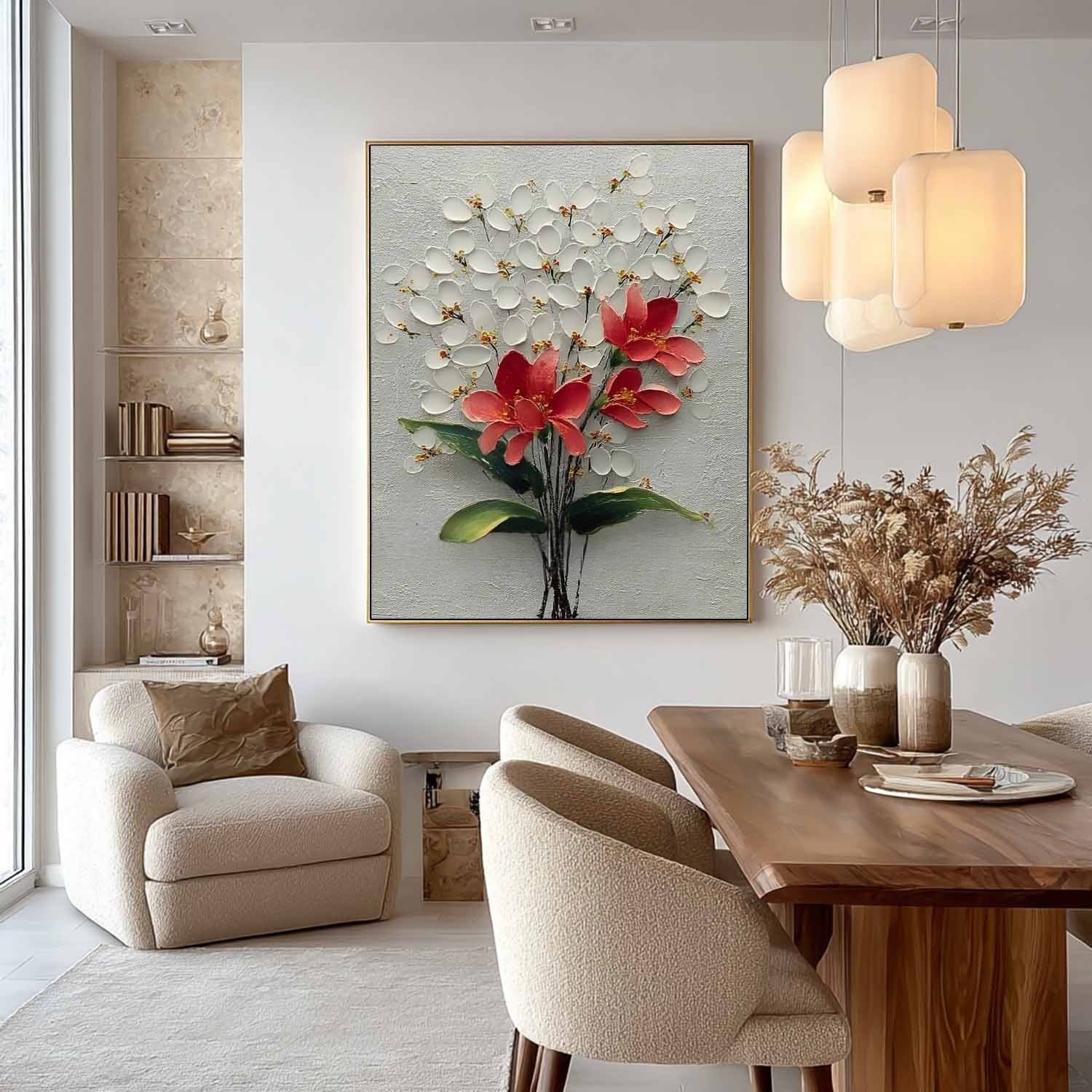 White Blossoms Red 3D Textured Painting