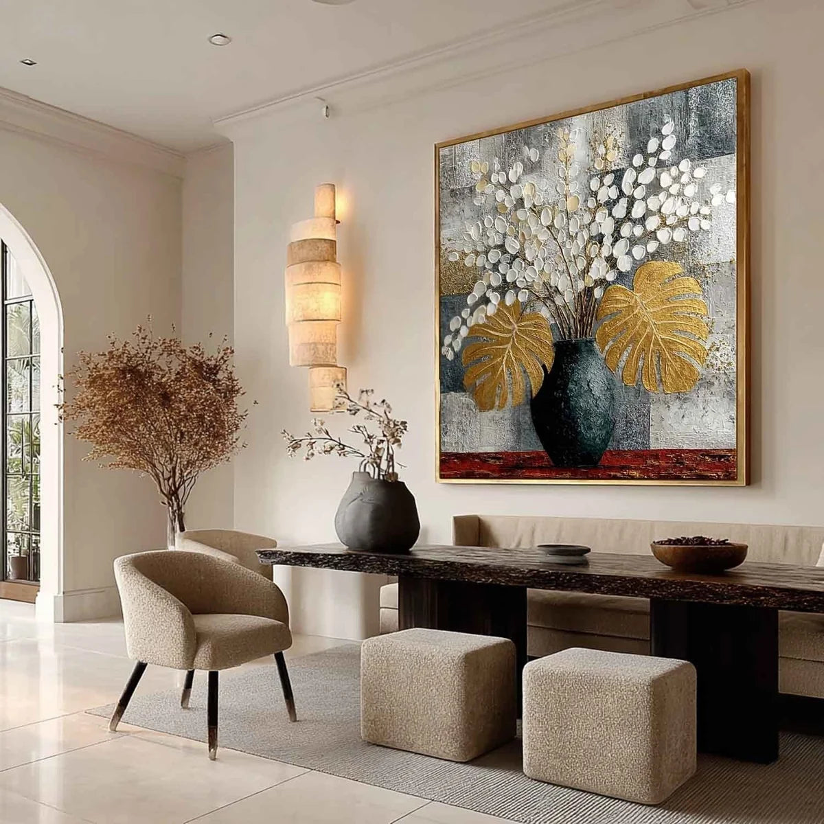 Gold Monstera White Blossoms Impasto Painting