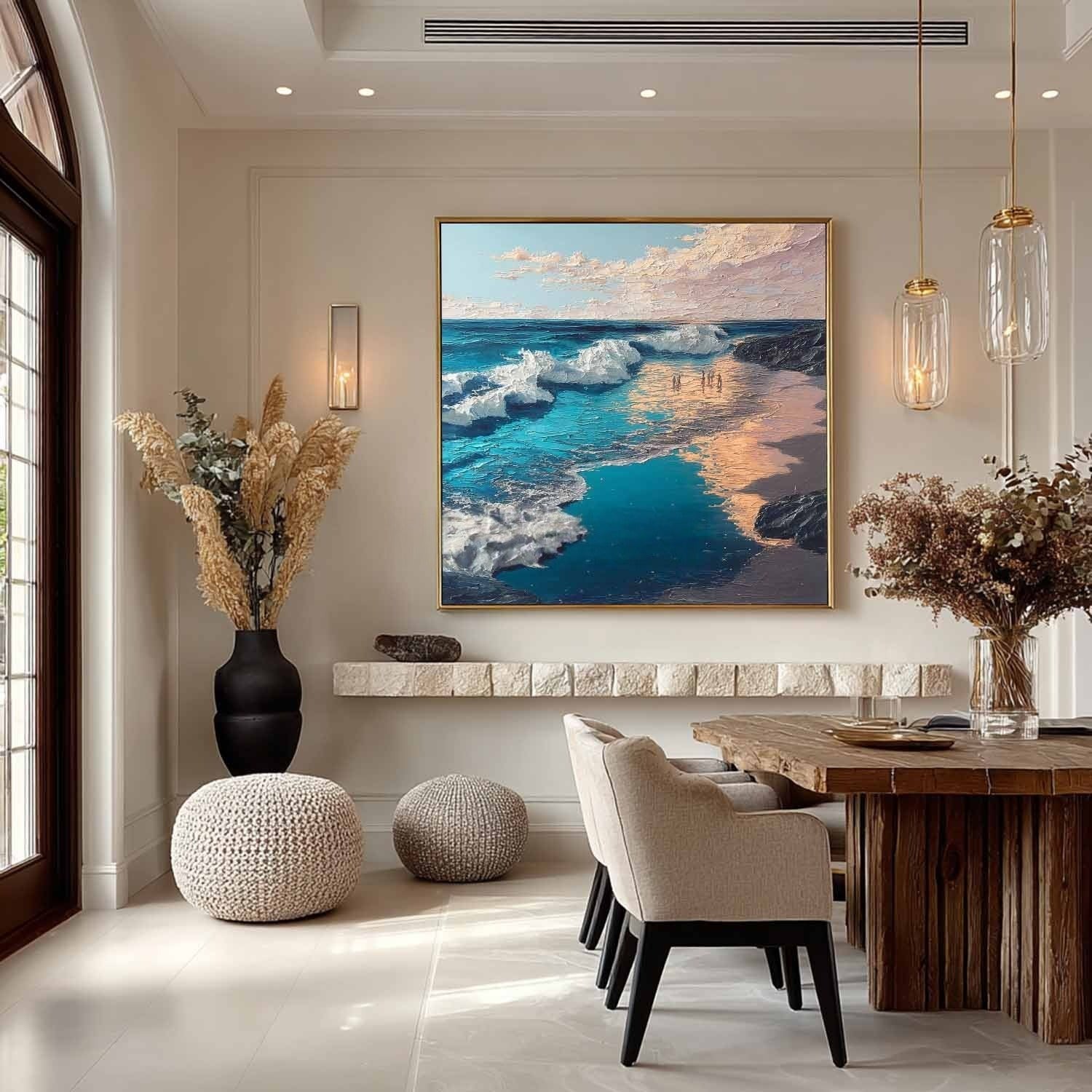 Sunset Beach Wave Impasto Painting