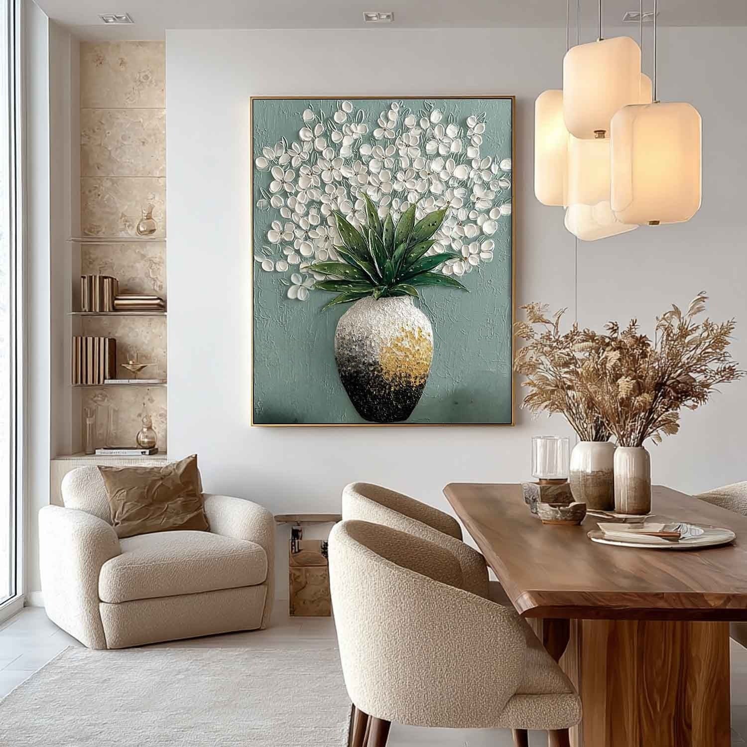 White Blossoms Ombre Vase Impasto Painting