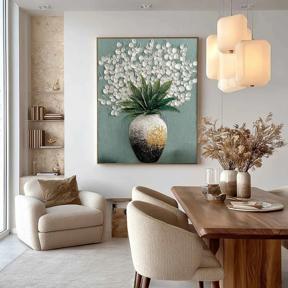 White Blossoms Ombre Vase Impasto Painting