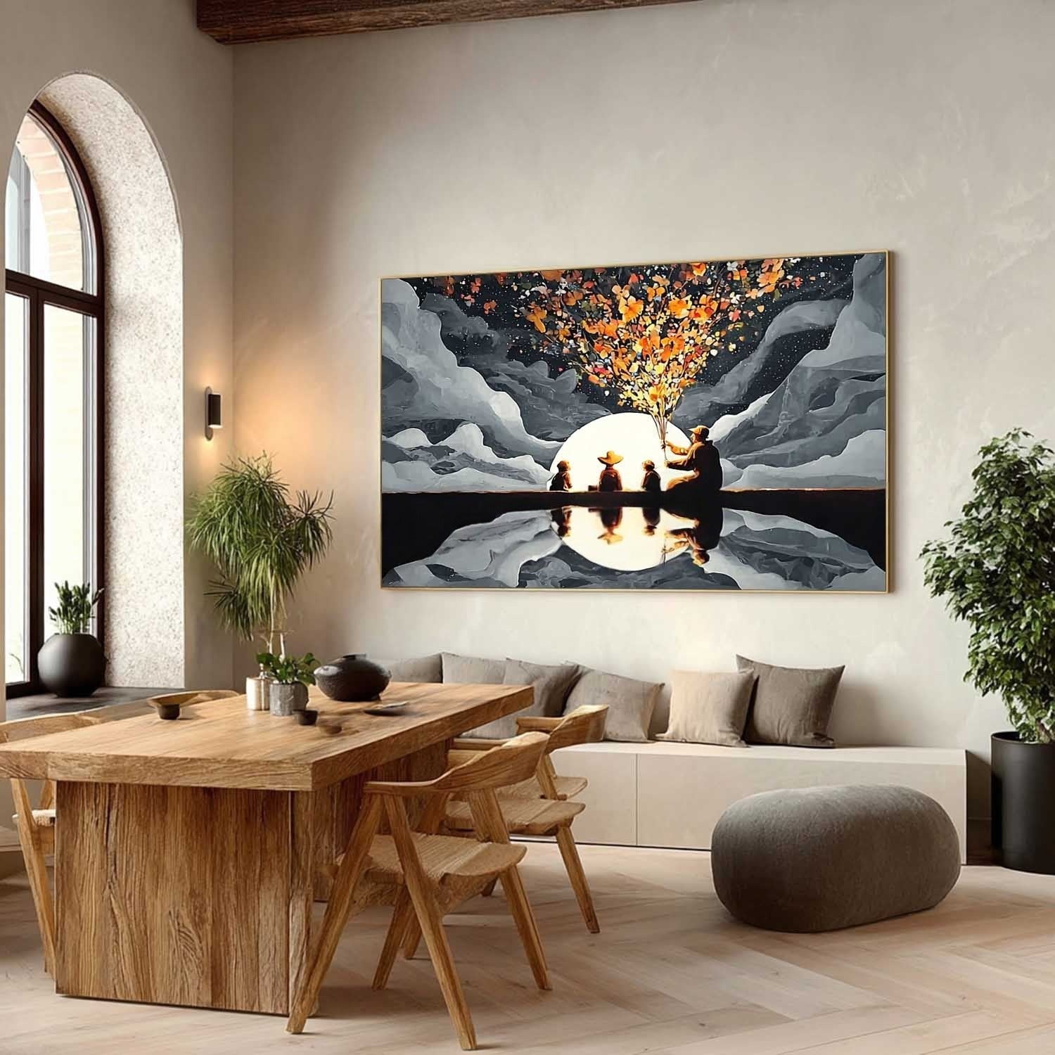 Family Silhouette Moon Art Oil Painting