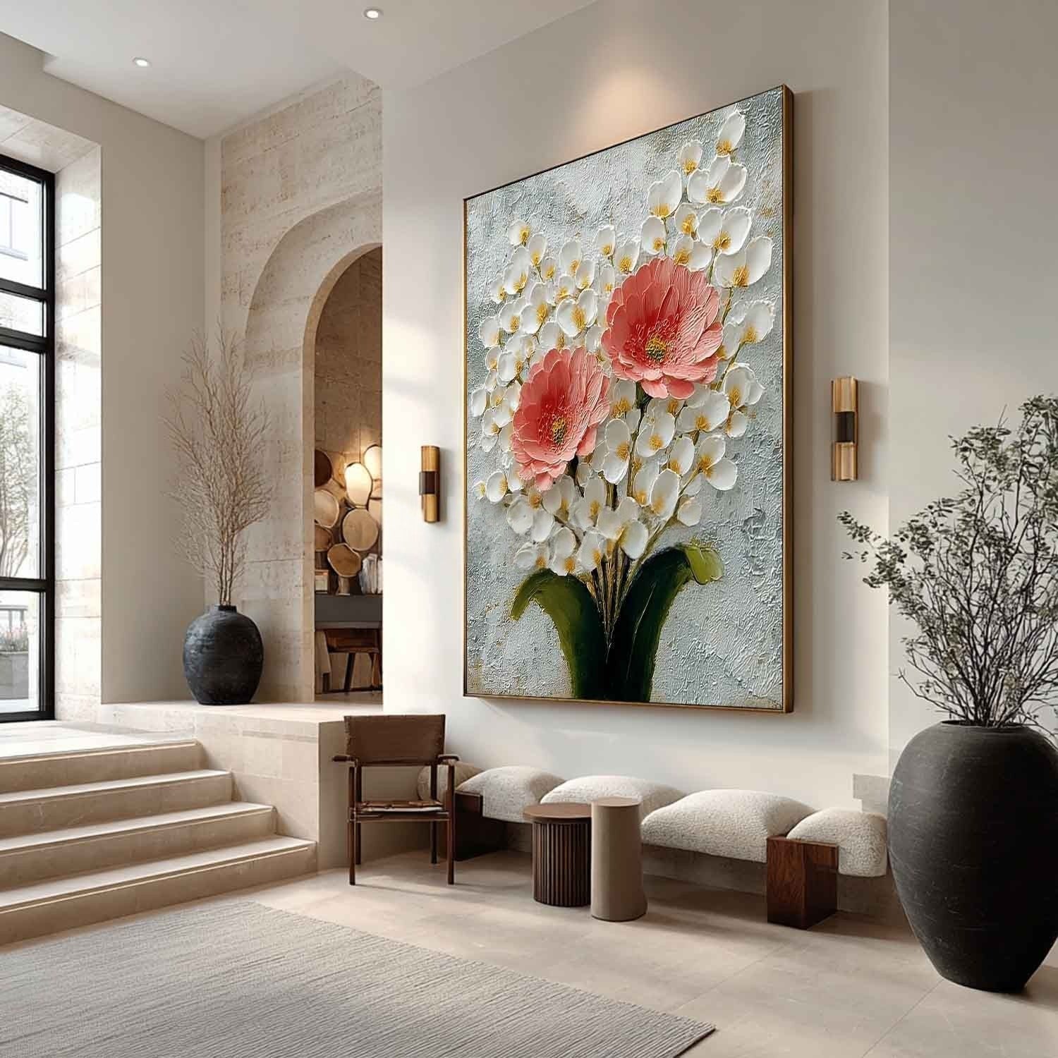 Wall Art Pink Peony White Blossom Floral Painting