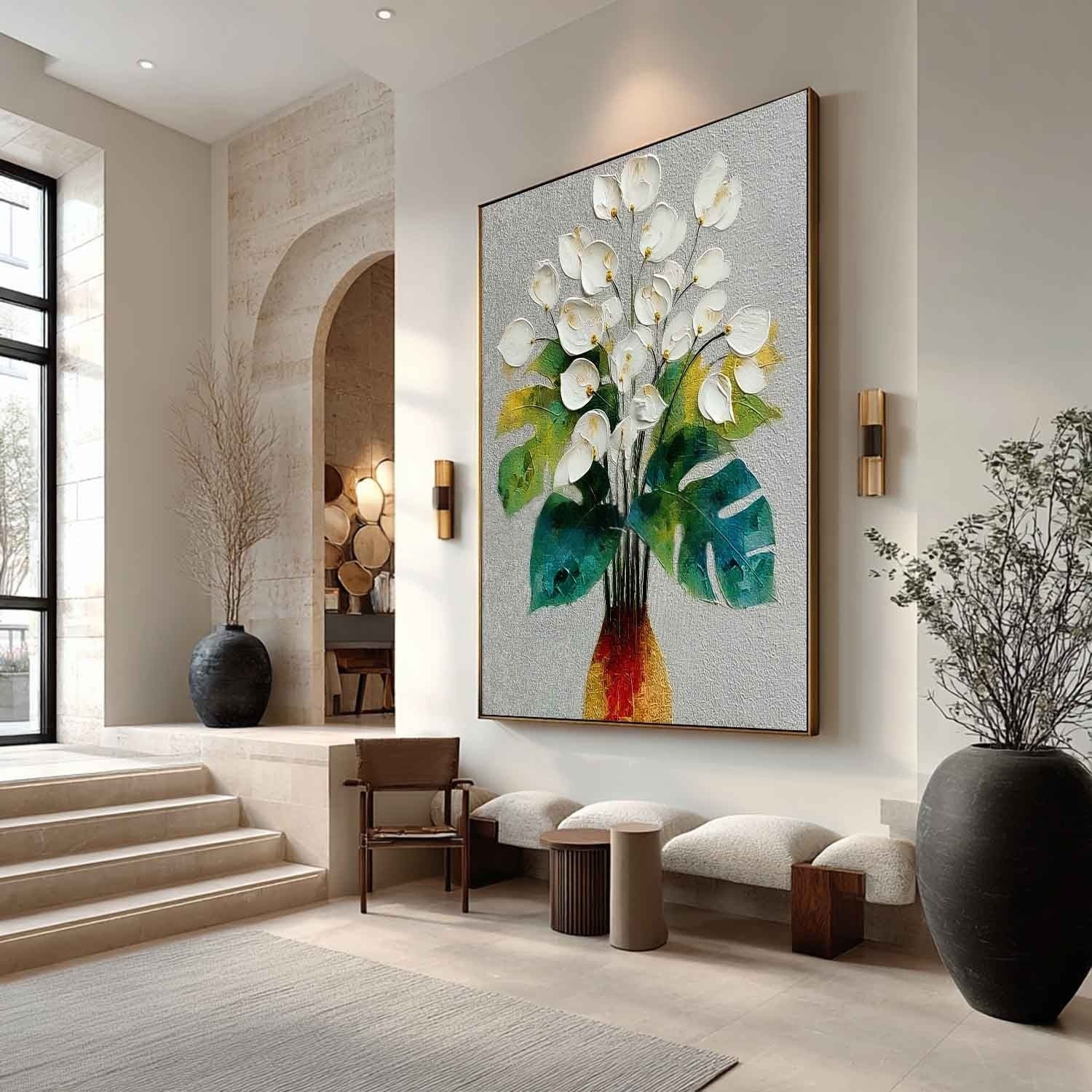 White Calla Lily Monstera Impasto Painting