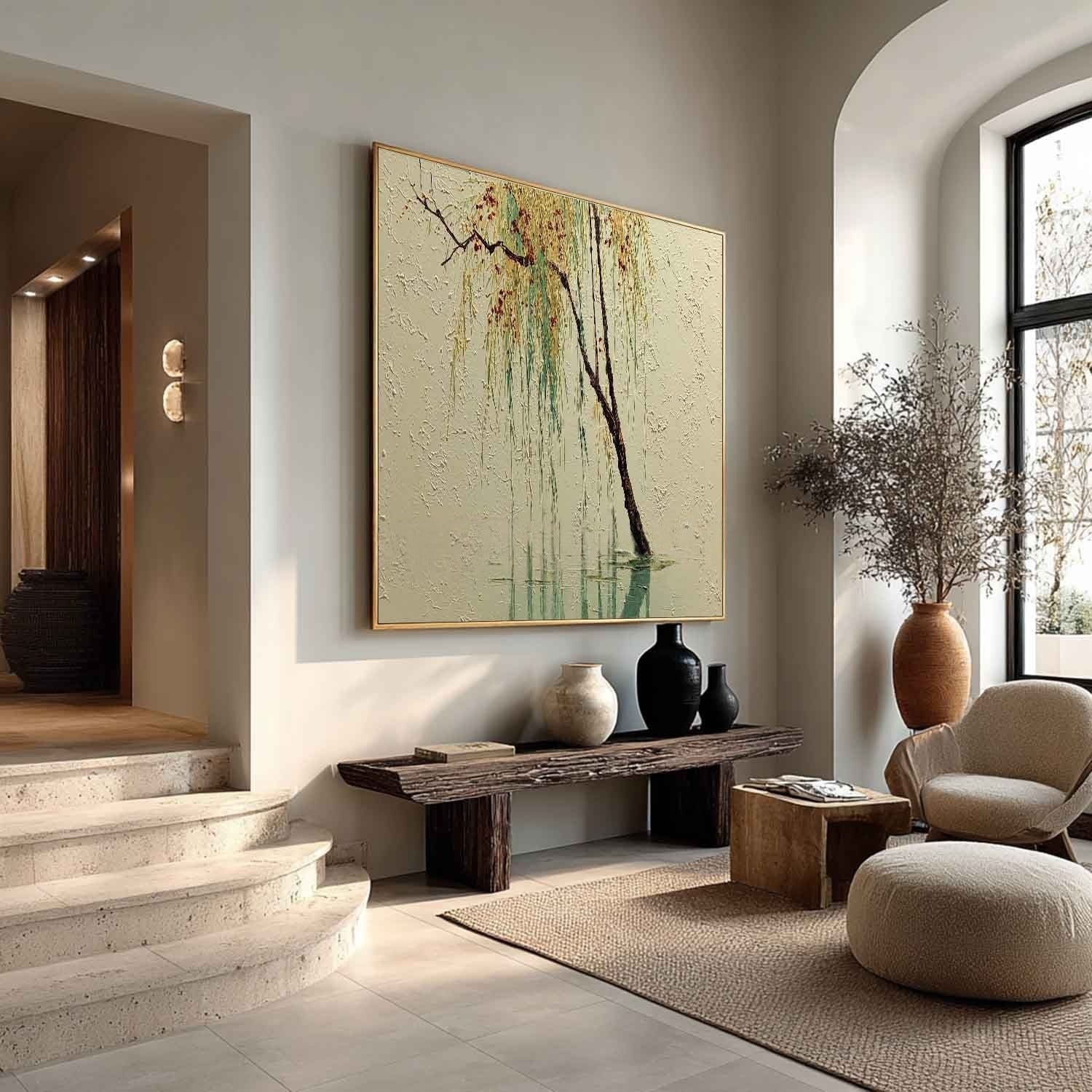 Wall Art Green Willow Reflection Textured Landscape